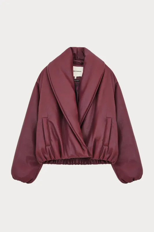 OVERSIZED COLLAR FAUX LEATHER PUFFER COAT - BURGUNDY made by The Couture Club