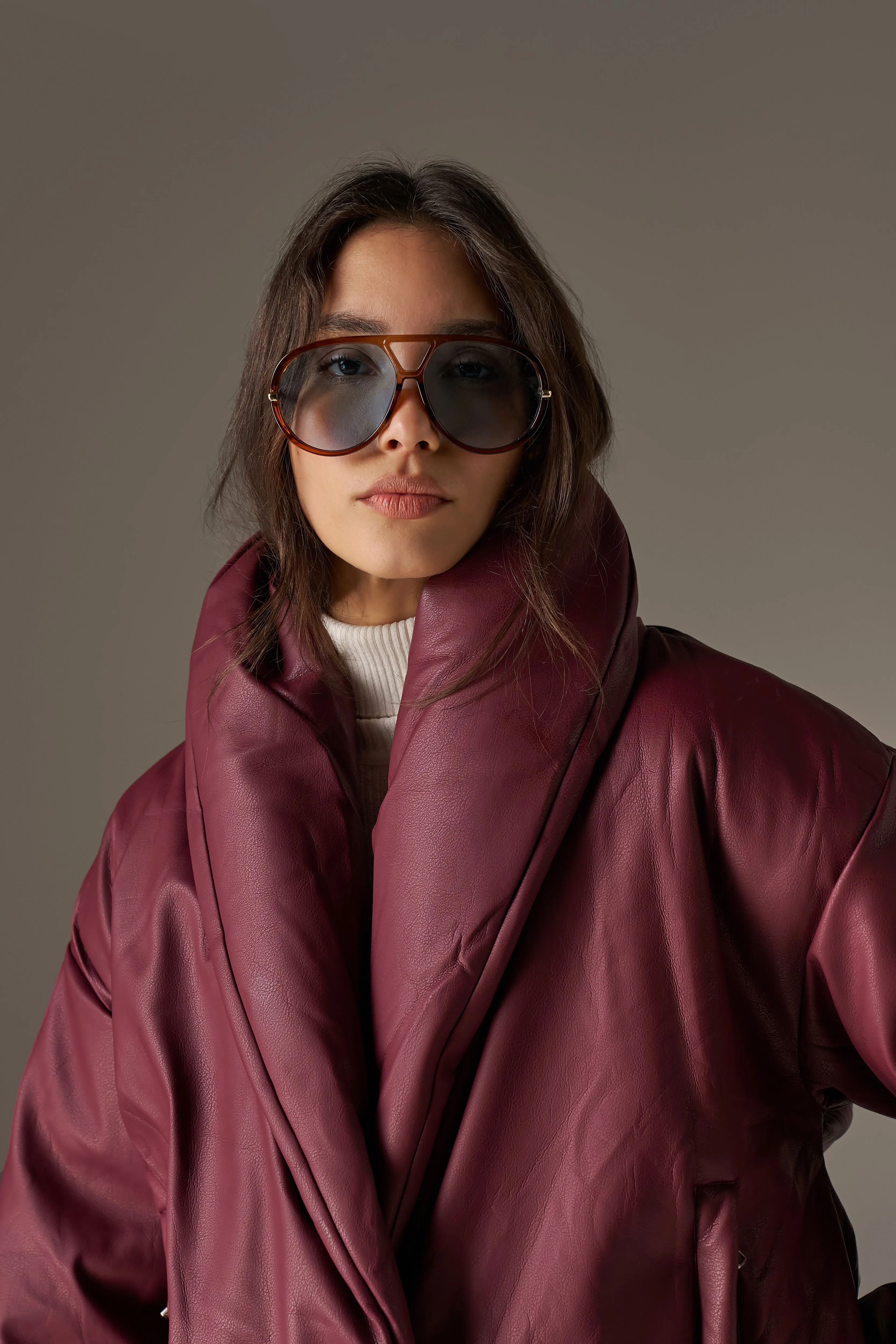 OVERSIZED COLLAR FAUX LEATHER PUFFER COAT - BURGUNDY sold by The Couture Club product image thumbnail 4