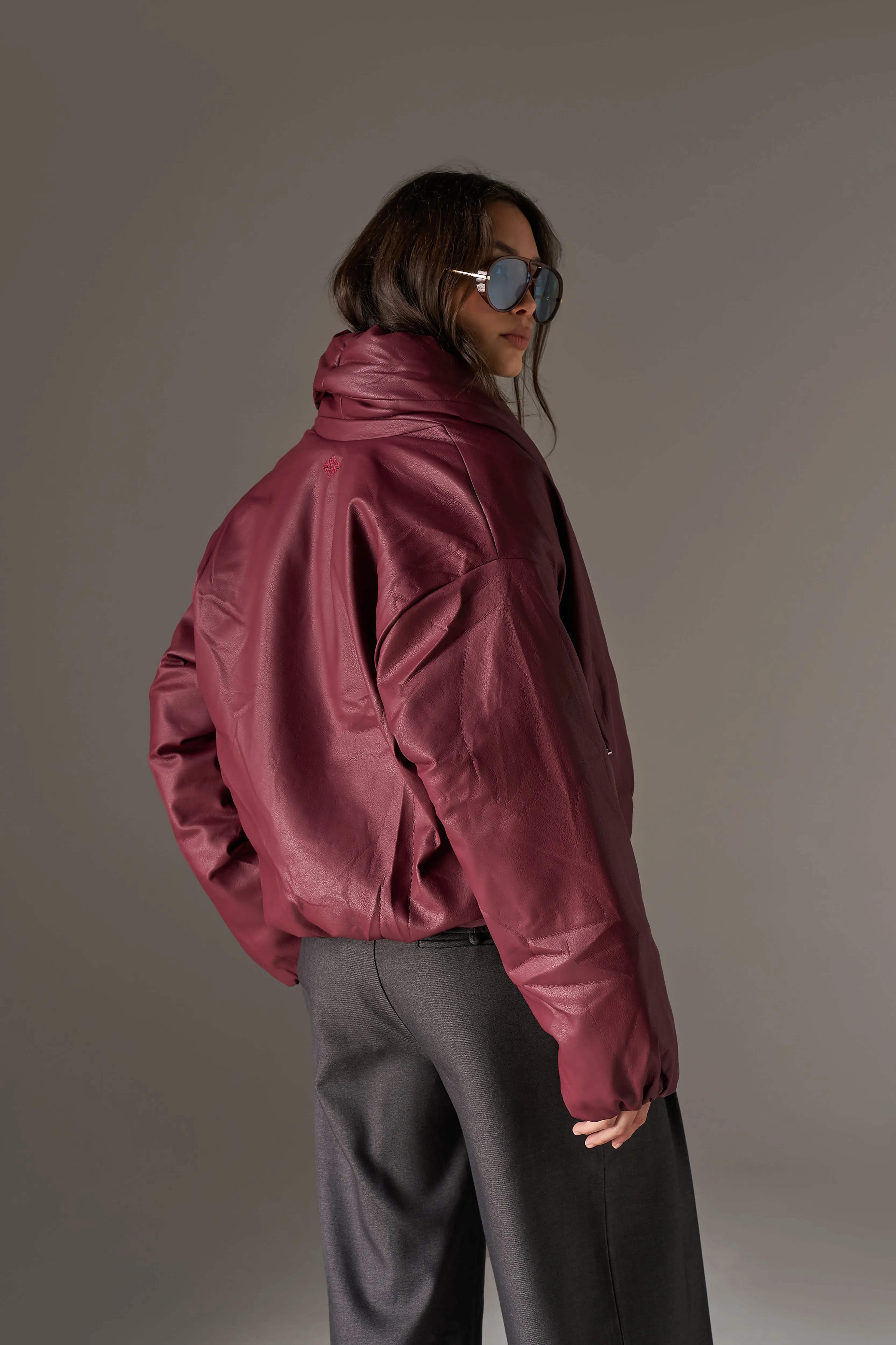 OVERSIZED COLLAR FAUX LEATHER PUFFER COAT - BURGUNDY sold by The Couture Club product image thumbnail 5