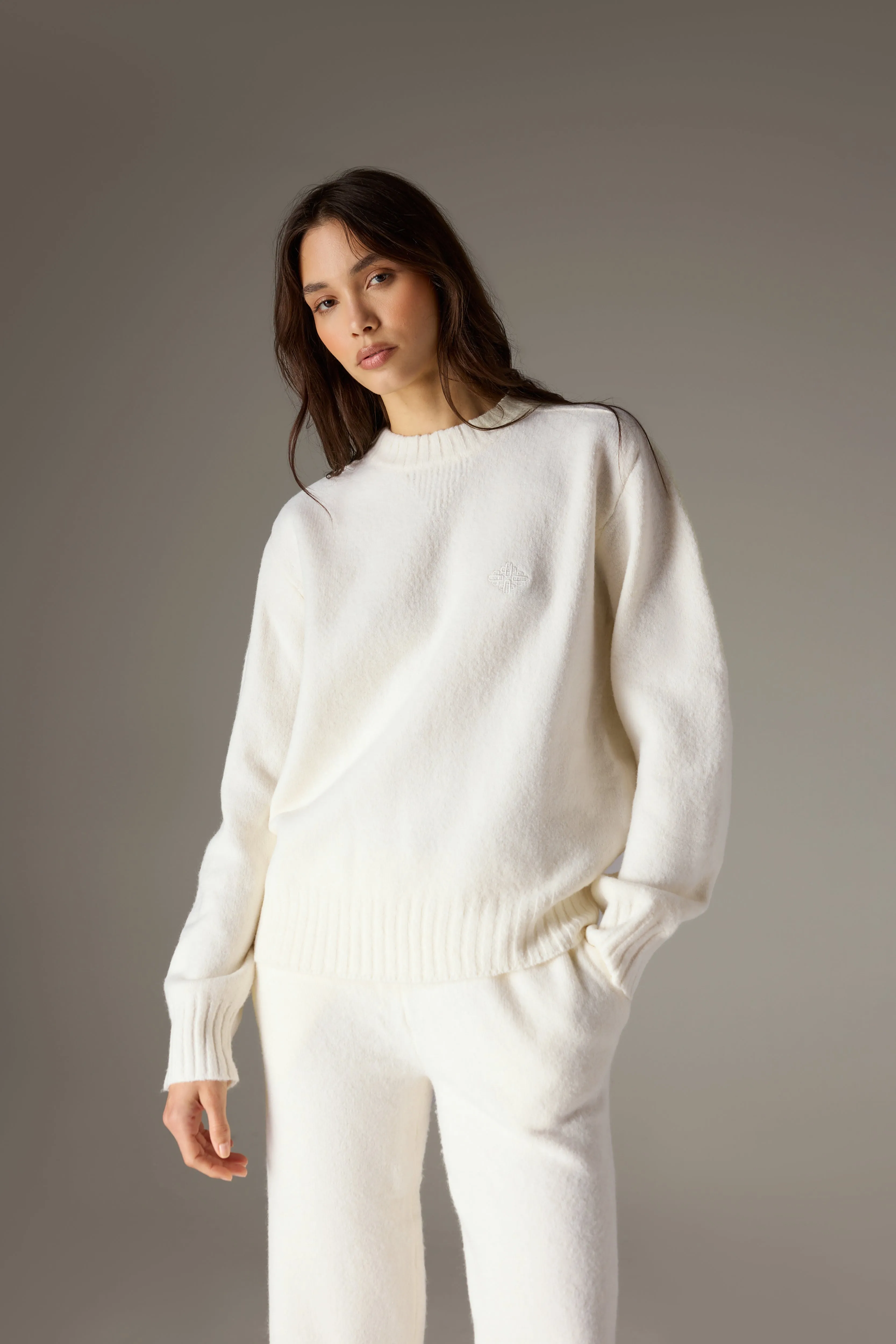 FLUFFY KNIT EMBLEM EMBROIDERED CREW - OFF WHITE sold by The Couture Club
