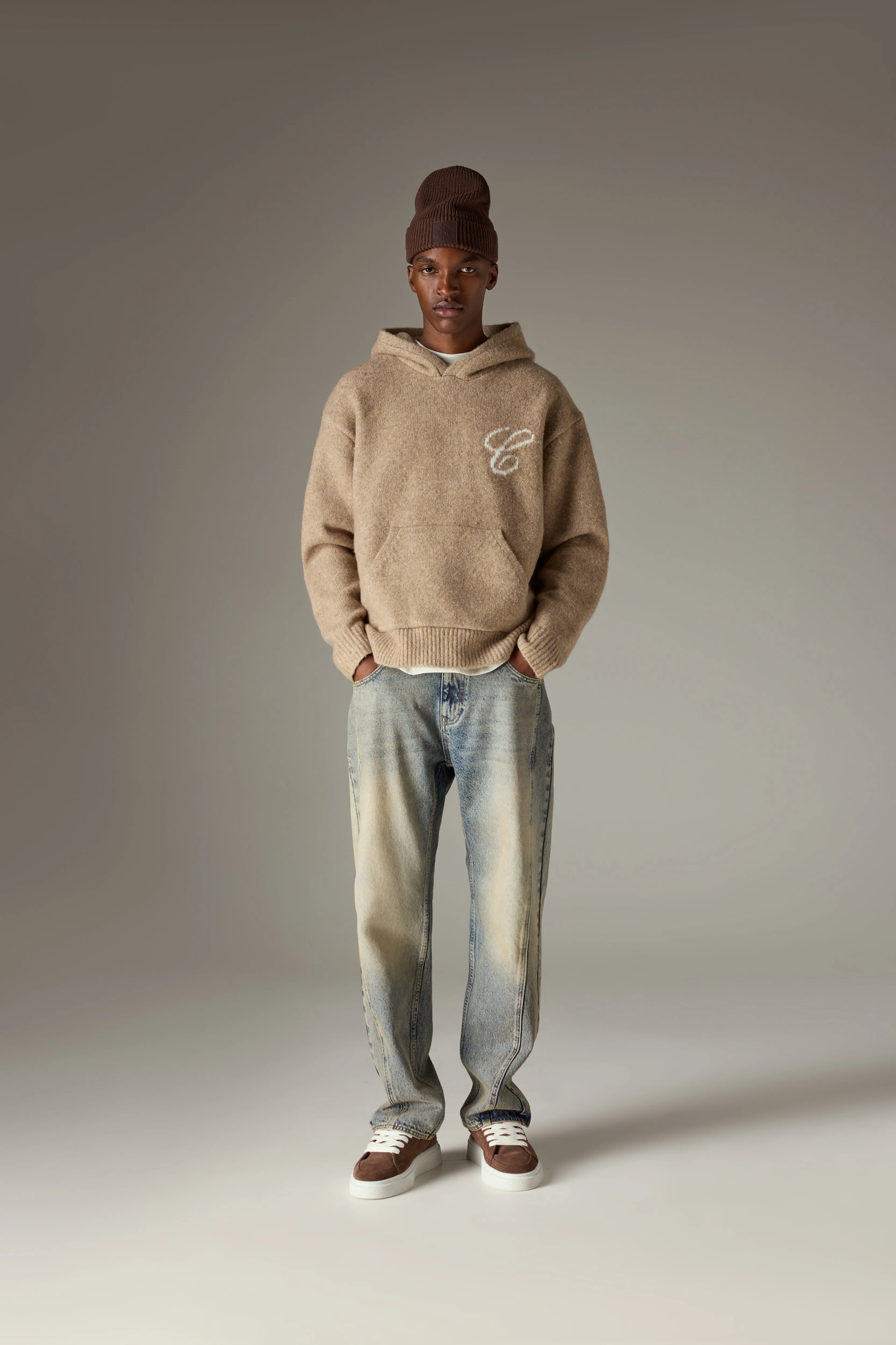 SCRIPT LOGO GRAPHIC KNITTED HOODIE - BEIGE sold by The Couture Club product image thumbnail 3