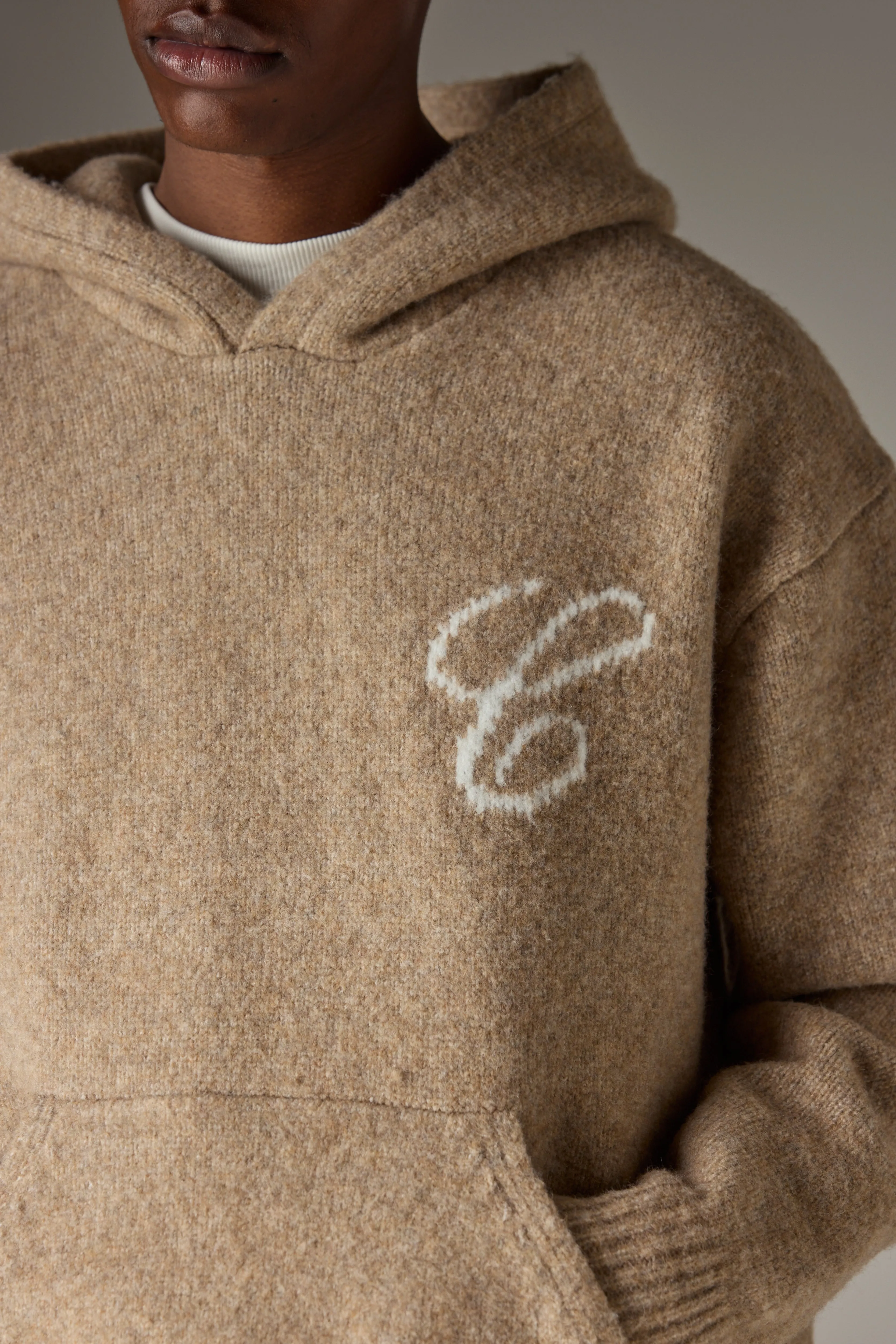 SCRIPT LOGO GRAPHIC KNITTED HOODIE - BEIGE sold by The Couture Club product image thumbnail 5