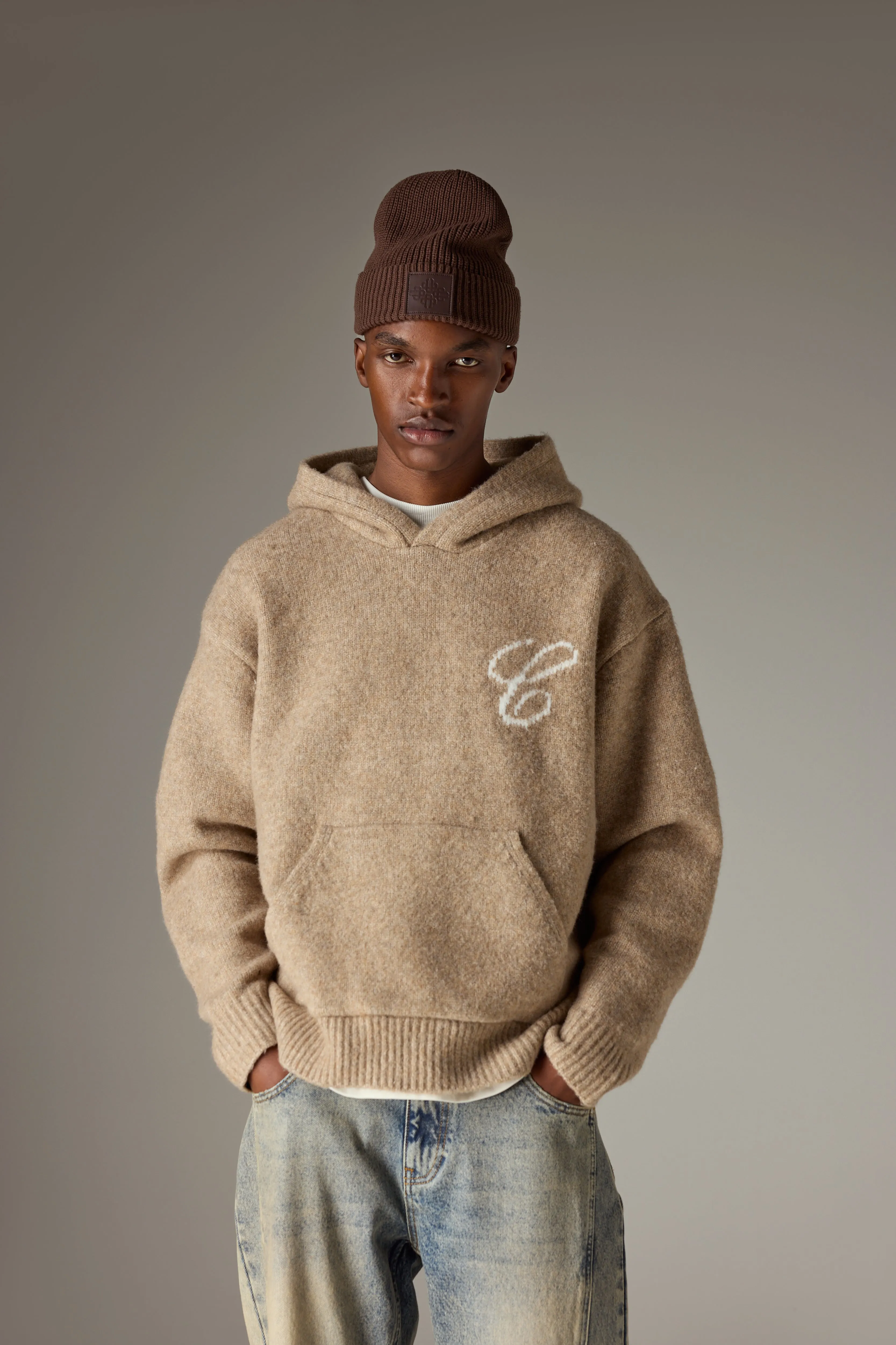 SCRIPT LOGO GRAPHIC KNITTED HOODIE - BEIGE sold by The Couture Club product image thumbnail 4