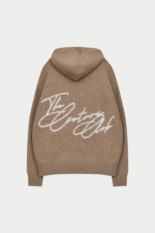 SCRIPT LOGO GRAPHIC KNITTED HOODIE - BEIGE sold by The Couture Club