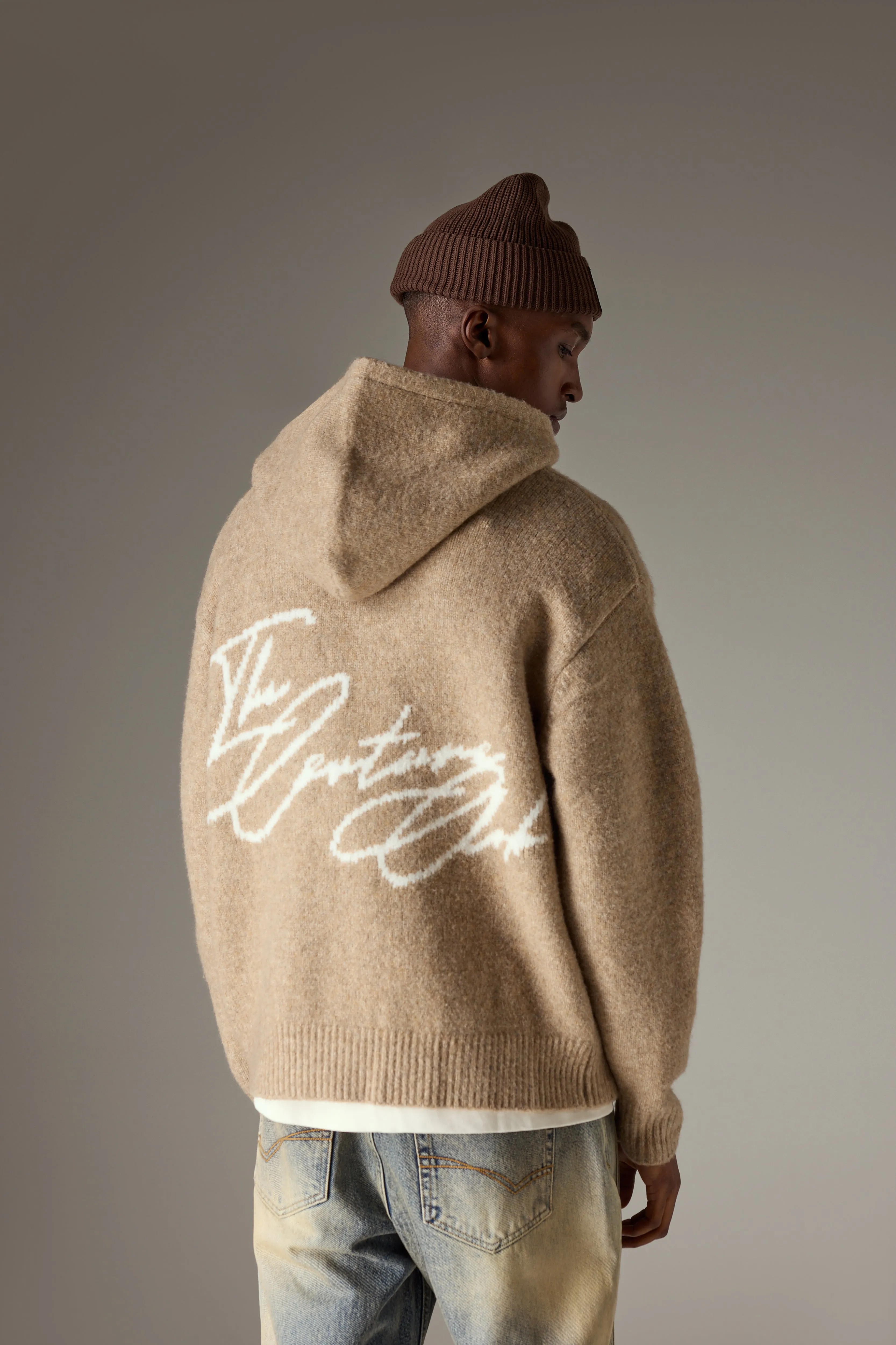 SCRIPT LOGO GRAPHIC KNITTED HOODIE - BEIGE sold by The Couture Club product image thumbnail 2