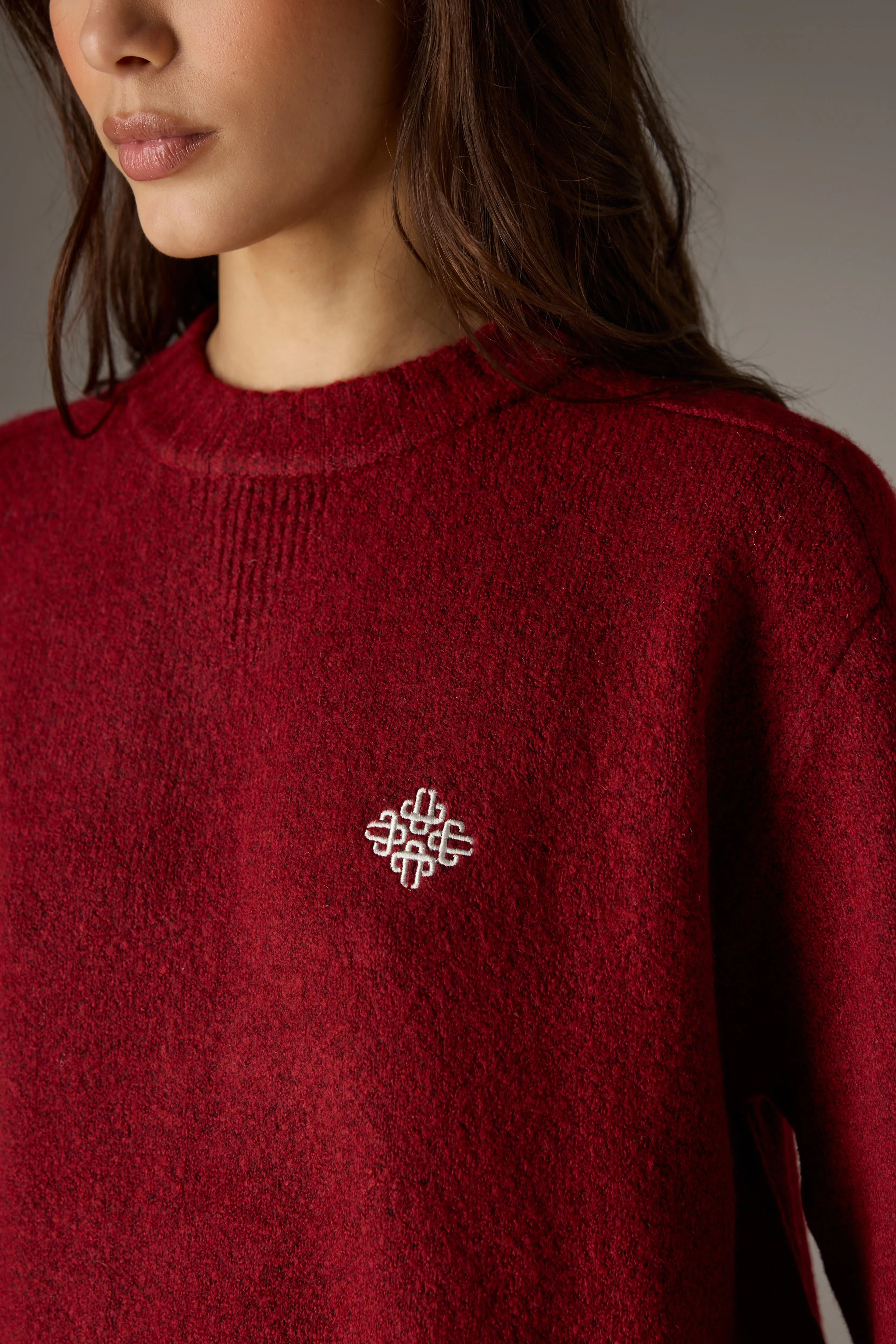 FLUFFY KNIT EMBLEM EMBROIDERED CREW - BURGUNDY sold by The Couture Club product image thumbnail 4