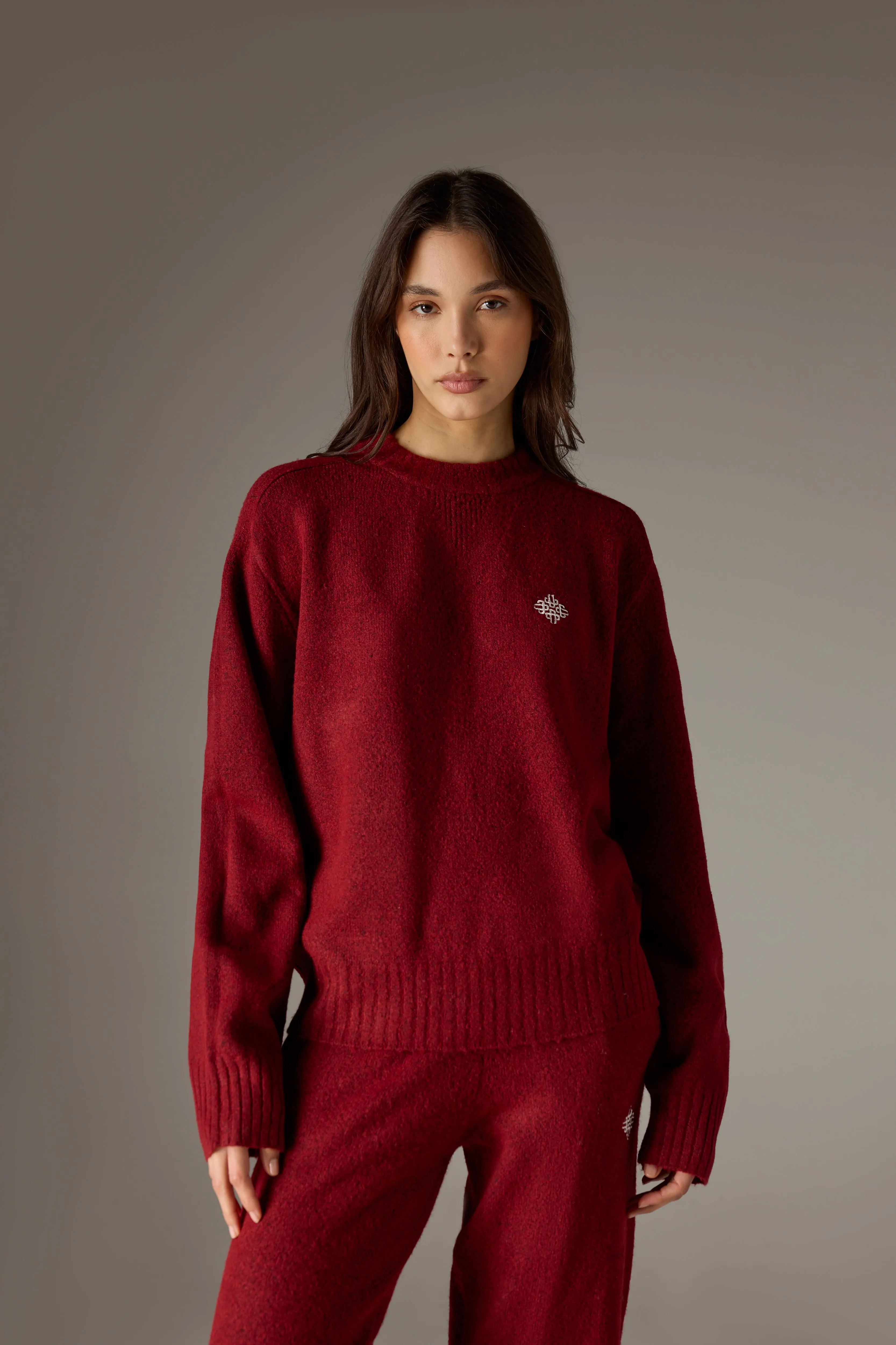 FLUFFY KNIT EMBLEM EMBROIDERED CREW - BURGUNDY sold by The Couture Club