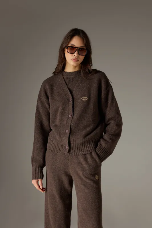 FLUFFY KNIT EMBLEM EMBROIDERED CARDIGAN - BROWN sold by The Couture Club