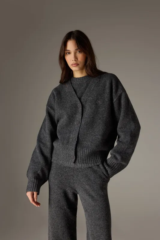 FLUFFY KNIT EMBLEM EMBROIDERED CARDIGAN - CHARCOAL sold by The Couture Club