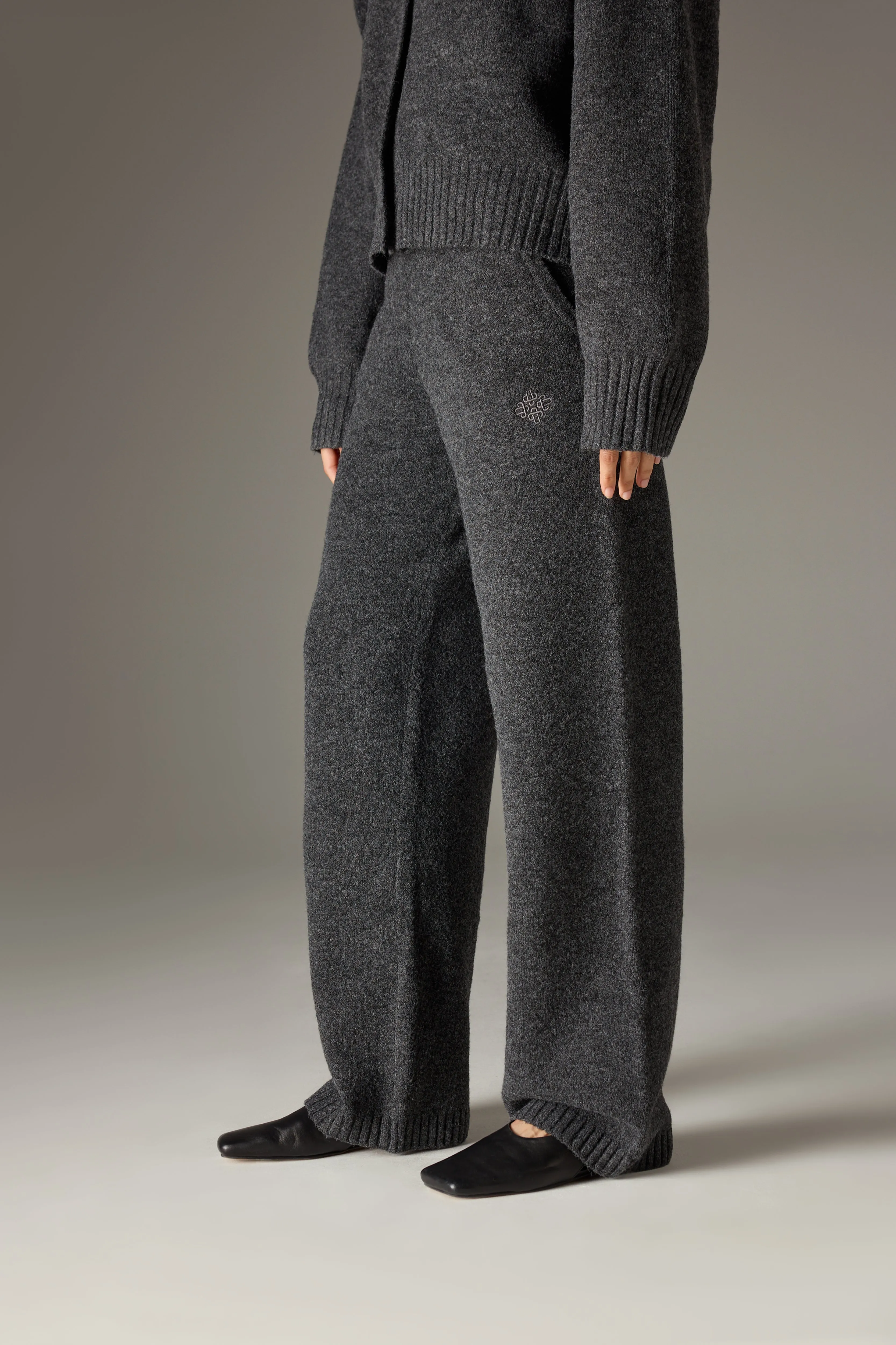 FLUFFY KNIT EMBLEM EMBROIDERED JOGGER - CHARCOAL sold by The Couture Club