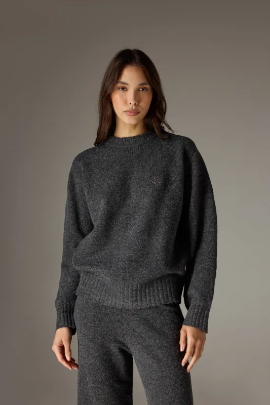 FLUFFY KNIT EMBLEM EMBROIDERED CREW - CHARCOAL sold by The Couture Club
