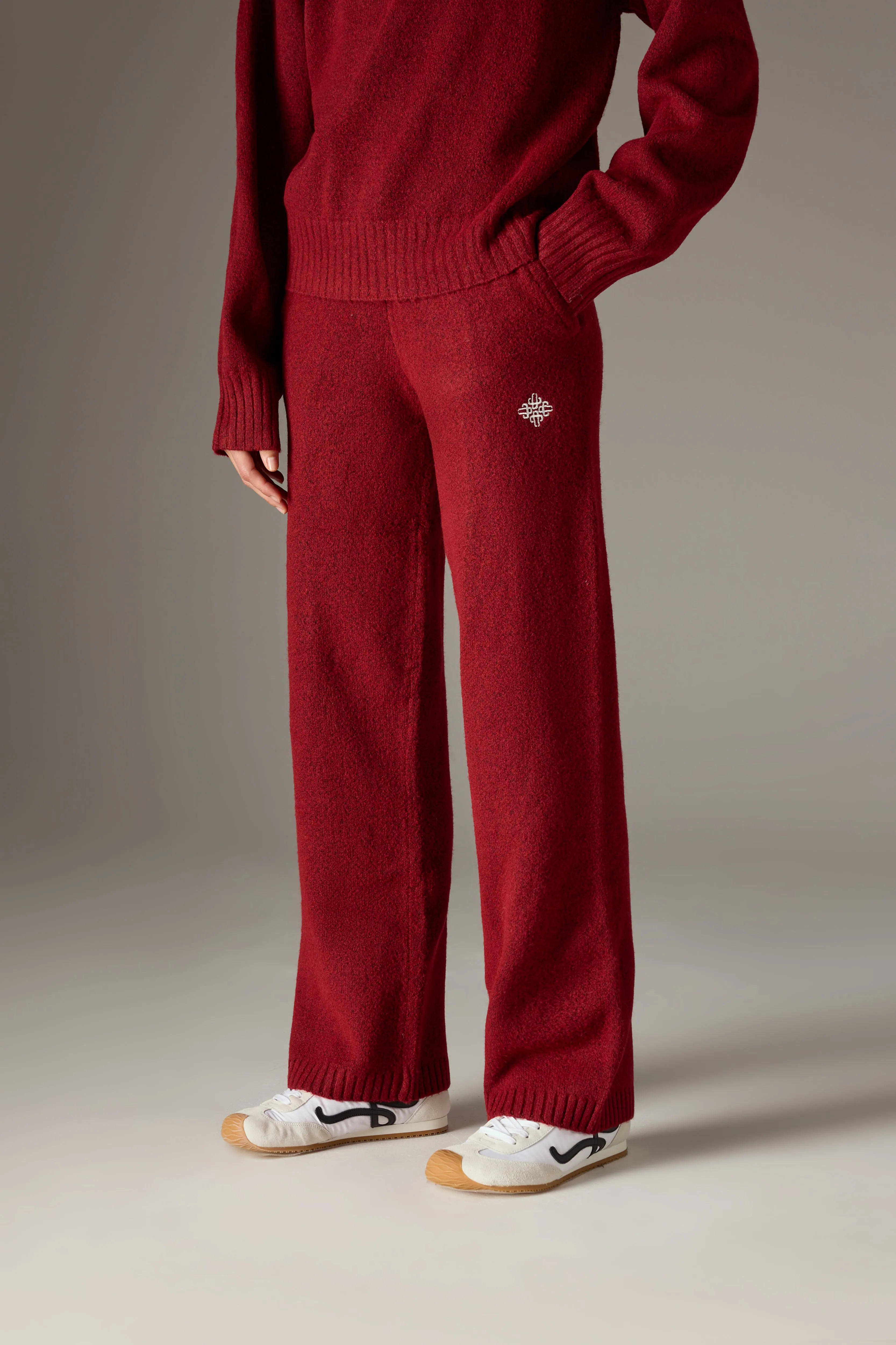 FLUFFY KNIT EMBLEM EMBROIDERED JOGGER - BURGUNDY sold by The Couture Club