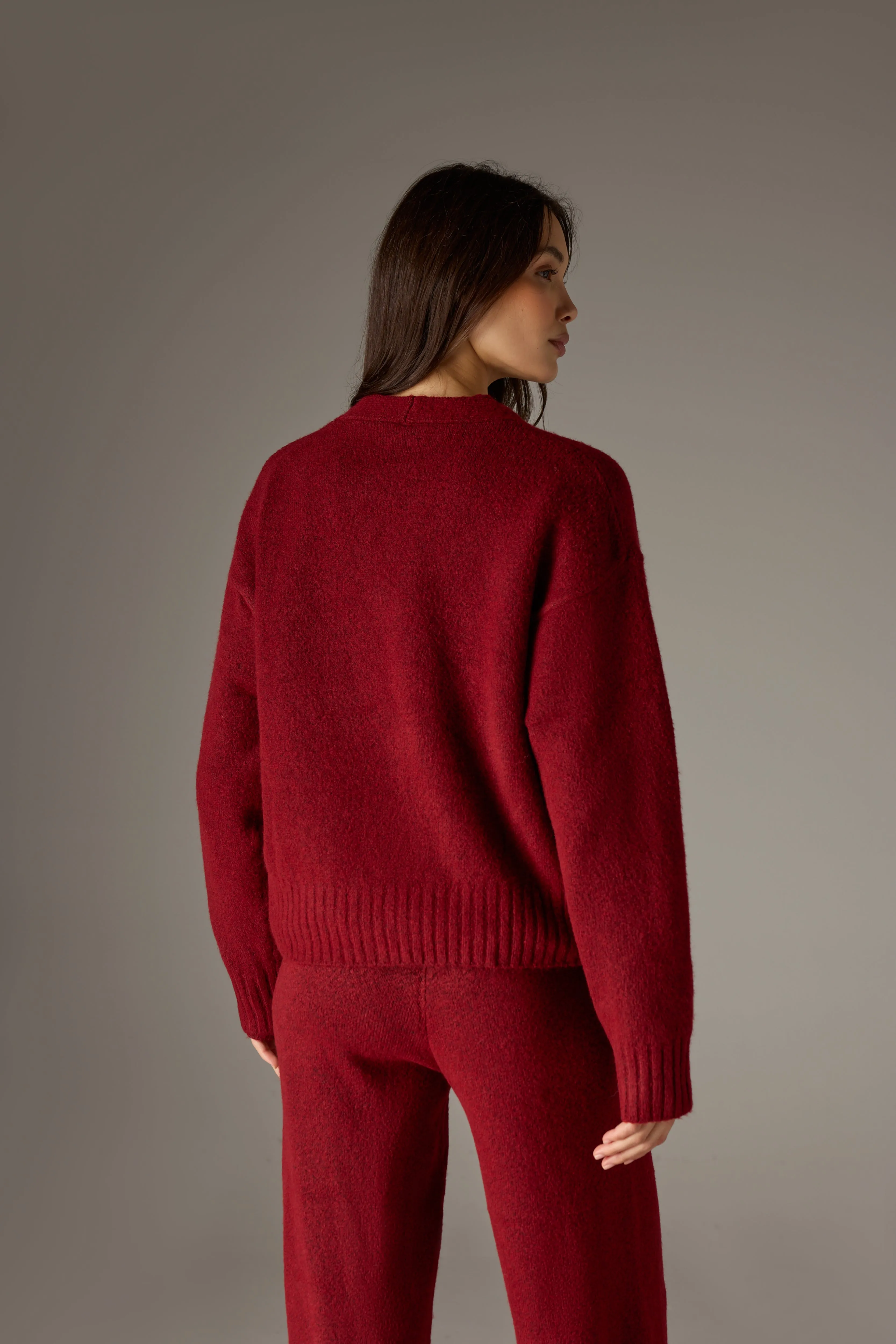 FLUFFY KNIT EMBLEM EMBROIDERED CARDIGAN - BURGUNDY sold by The Couture Club product image thumbnail 5