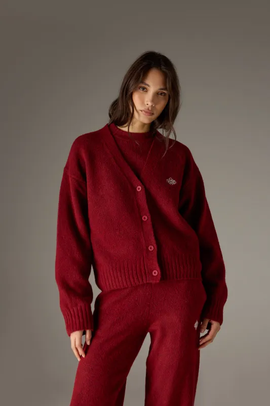 FLUFFY KNIT EMBLEM EMBROIDERED CARDIGAN - BURGUNDY sold by The Couture Club