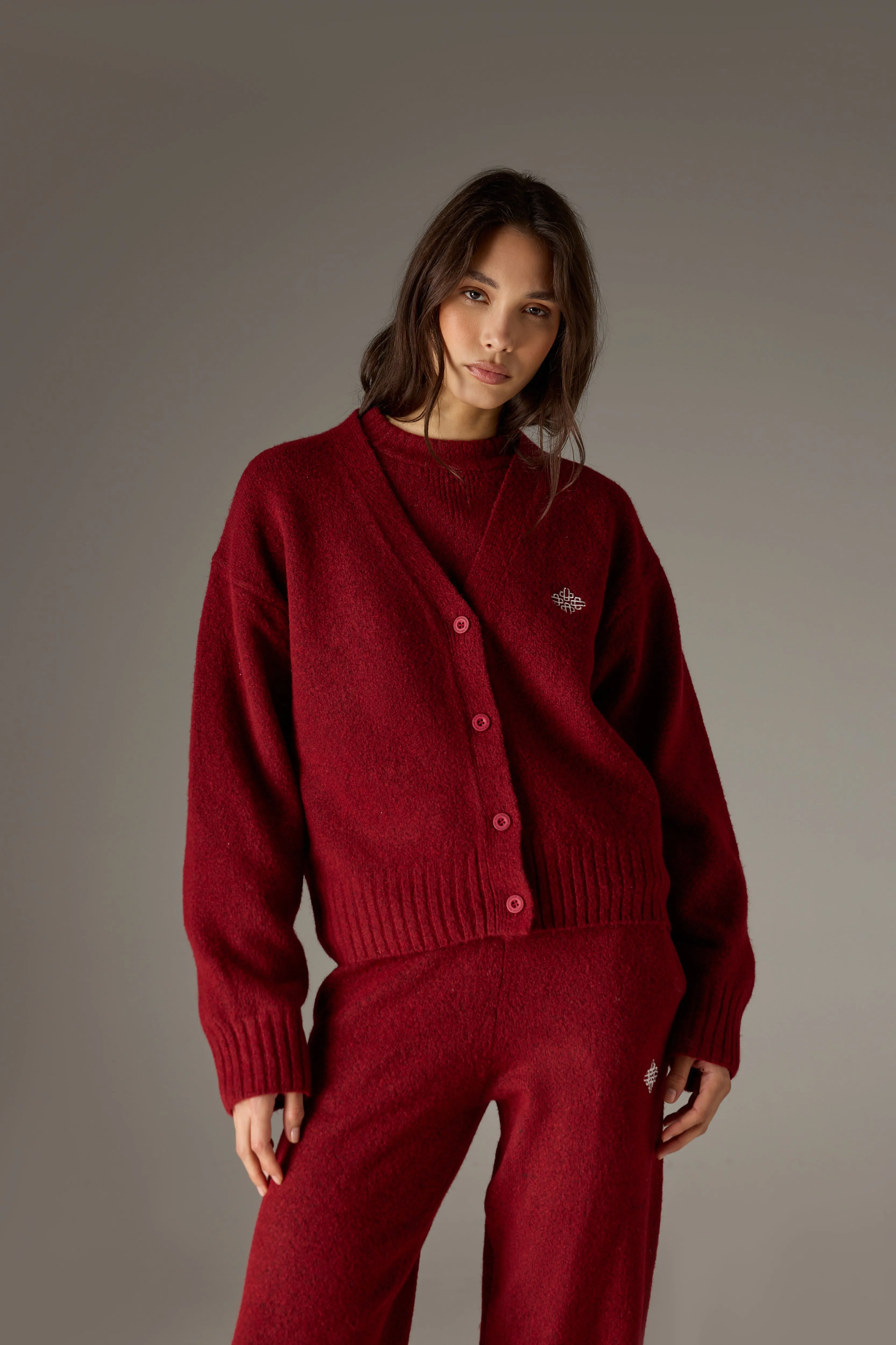 FLUFFY KNIT EMBLEM EMBROIDERED CARDIGAN - BURGUNDY sold by The Couture Club