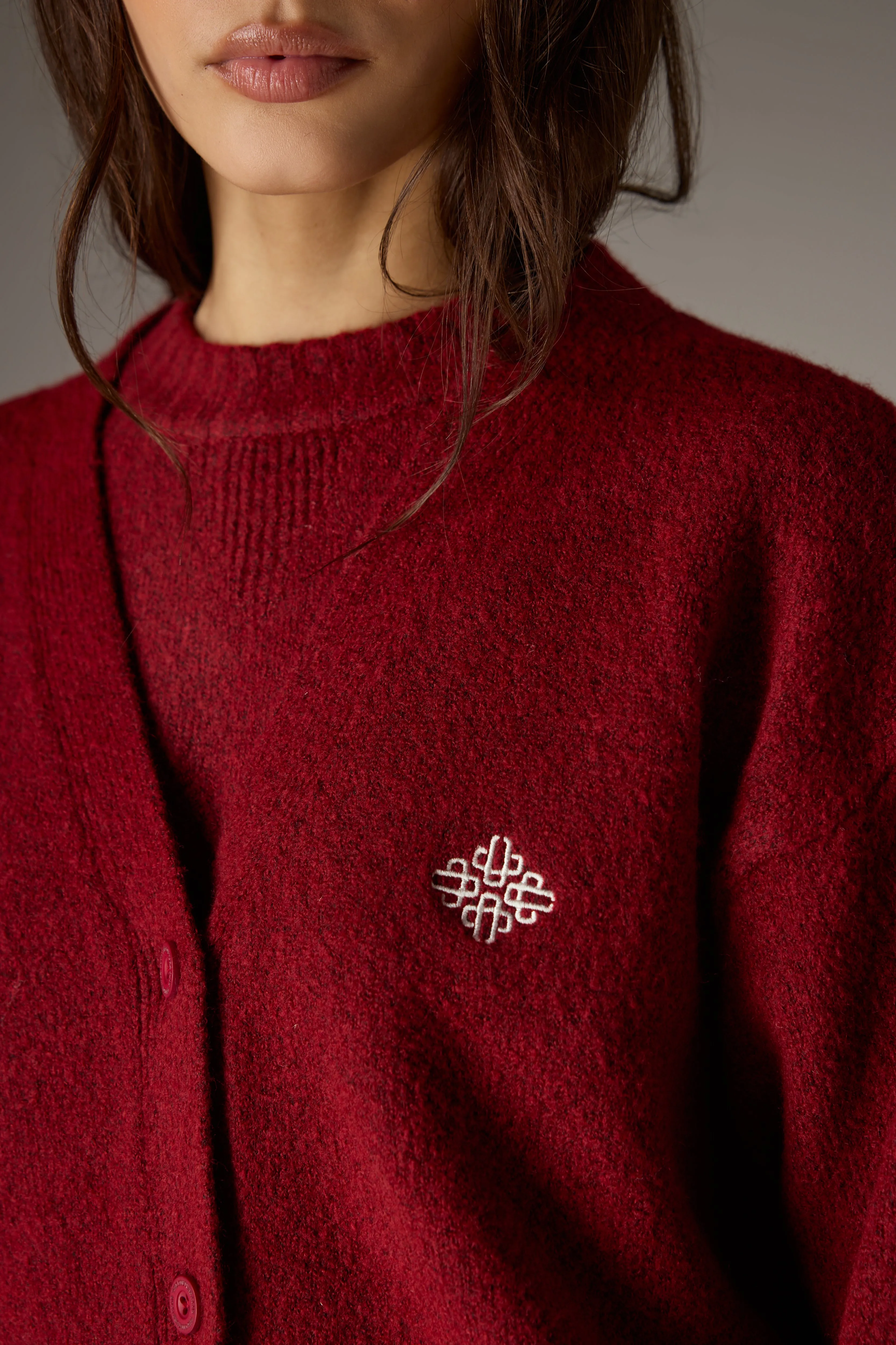 FLUFFY KNIT EMBLEM EMBROIDERED CARDIGAN - BURGUNDY sold by The Couture Club product image thumbnail 4