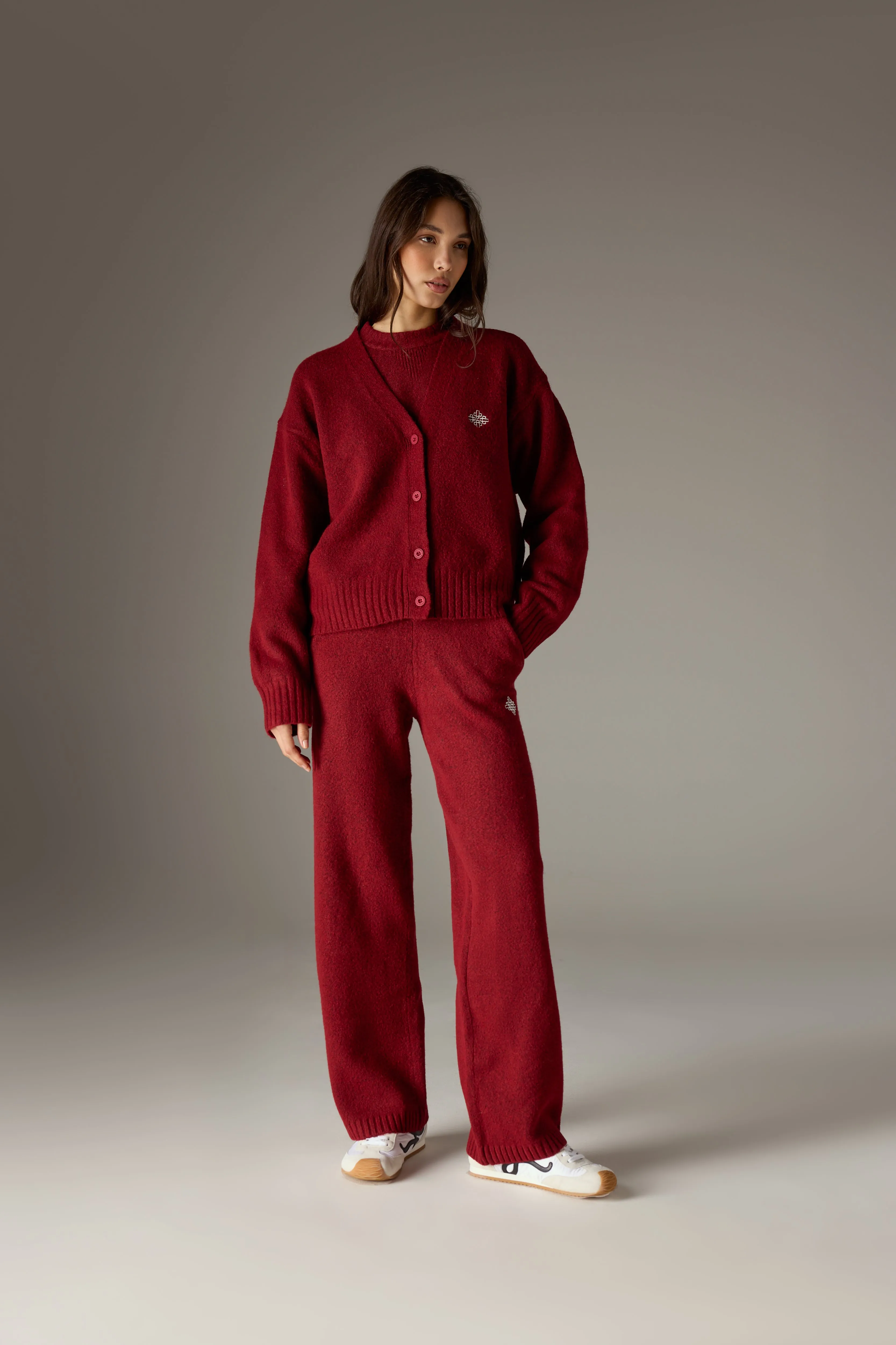 FLUFFY KNIT EMBLEM EMBROIDERED CARDIGAN - BURGUNDY sold by The Couture Club product image thumbnail 3