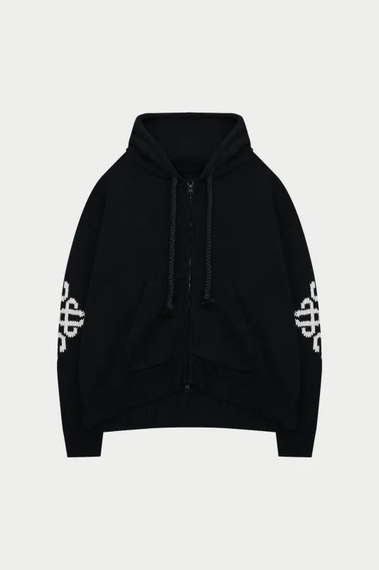 CHUNKY KNIT EMBLEM ZIP THROUGH HOODIE - BLACK sold by The Couture Club