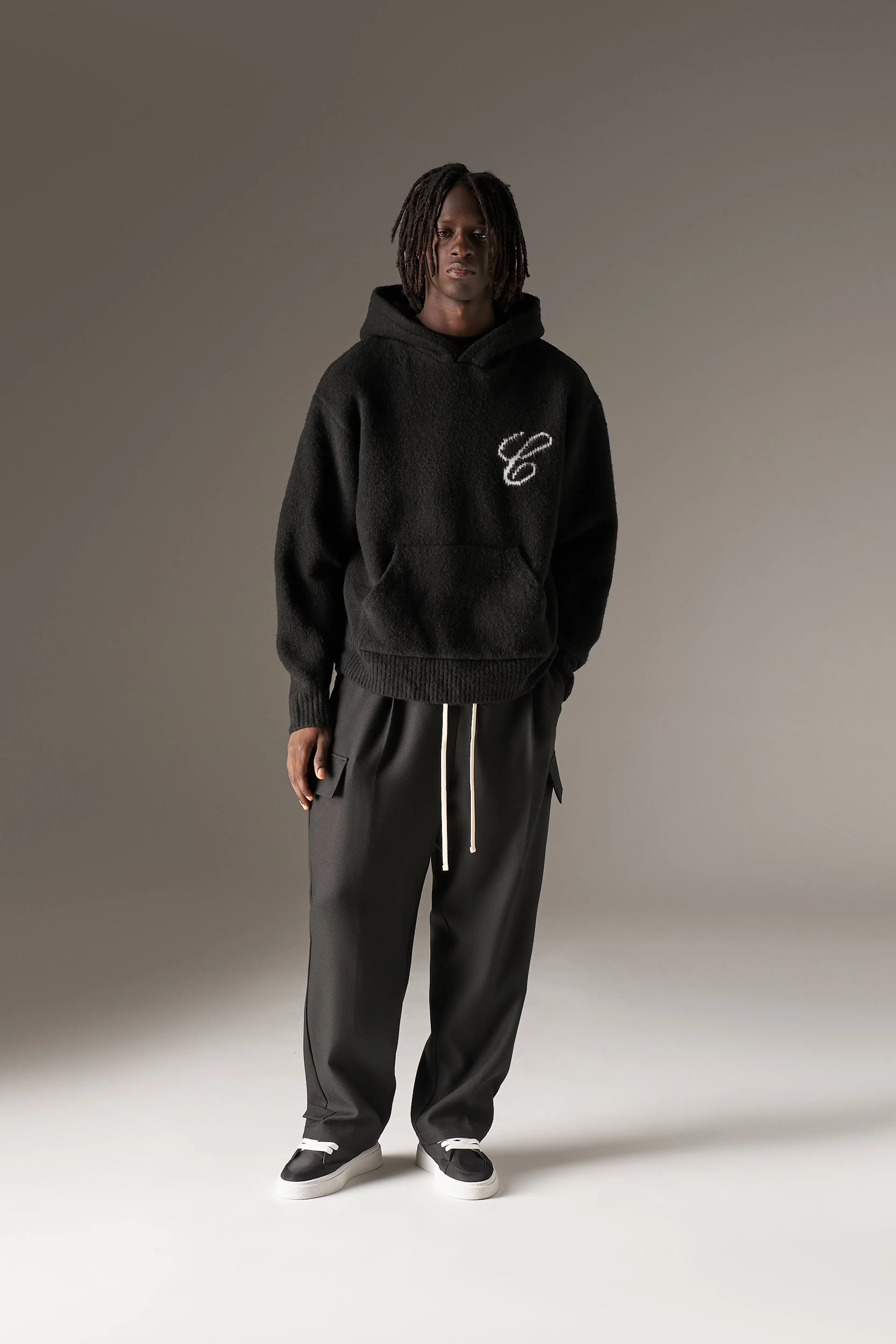 SCRIPT LOGO GRAPHIC KNITTED HOODIE - BLACK sold by The Couture Club product image thumbnail 3