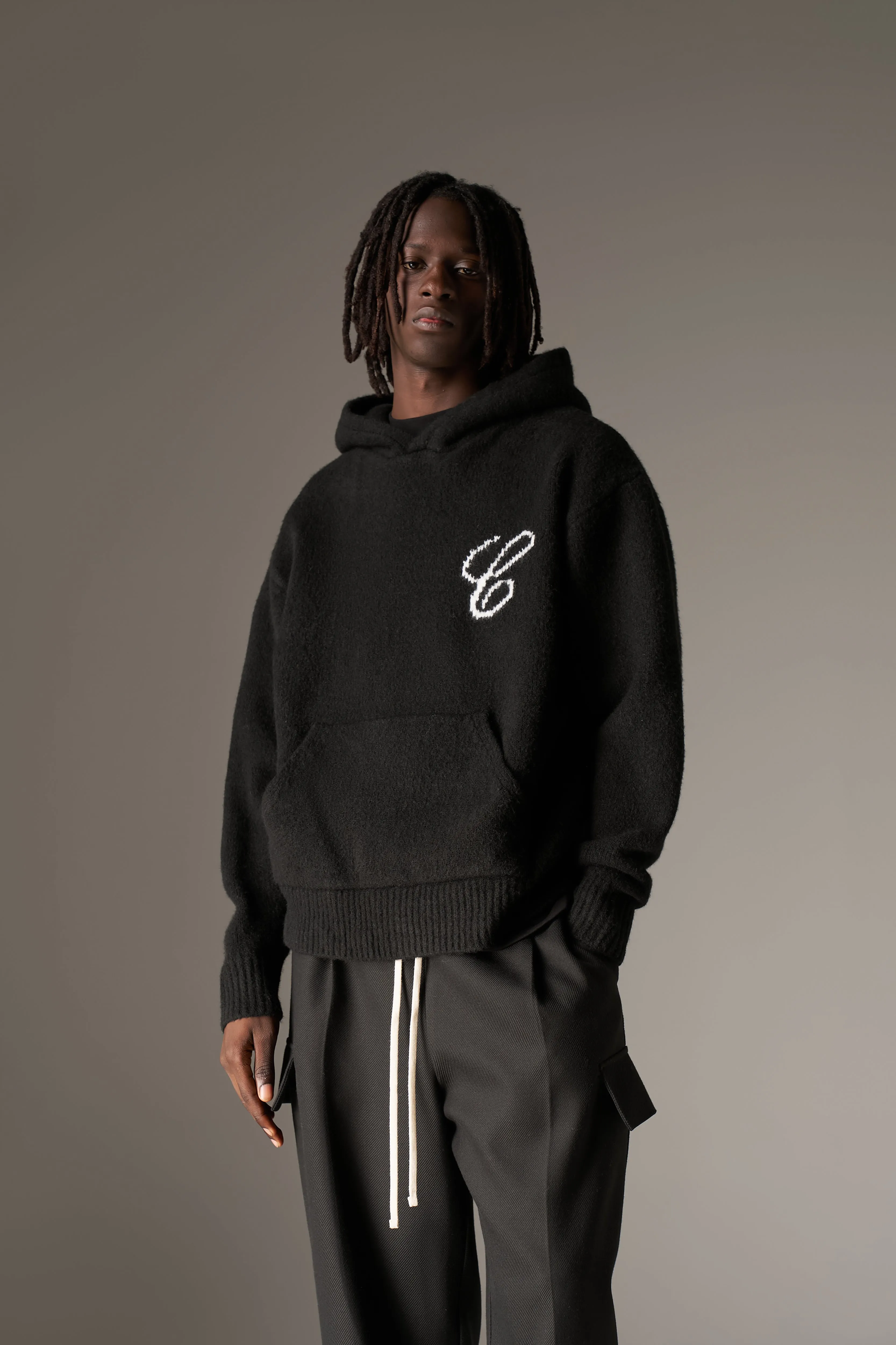 SCRIPT LOGO GRAPHIC KNITTED HOODIE - BLACK sold by The Couture Club product image thumbnail 4