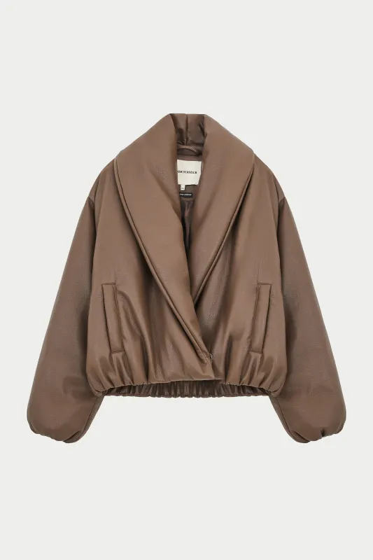 OVERSIZED COLLAR FAUX LEATHER PUFFER COAT - BROWN made by The Couture Club