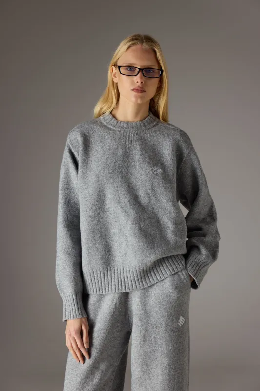 FLUFFY KNIT EMBLEM EMBROIDERED CREW - GREY MARL sold by The Couture Club