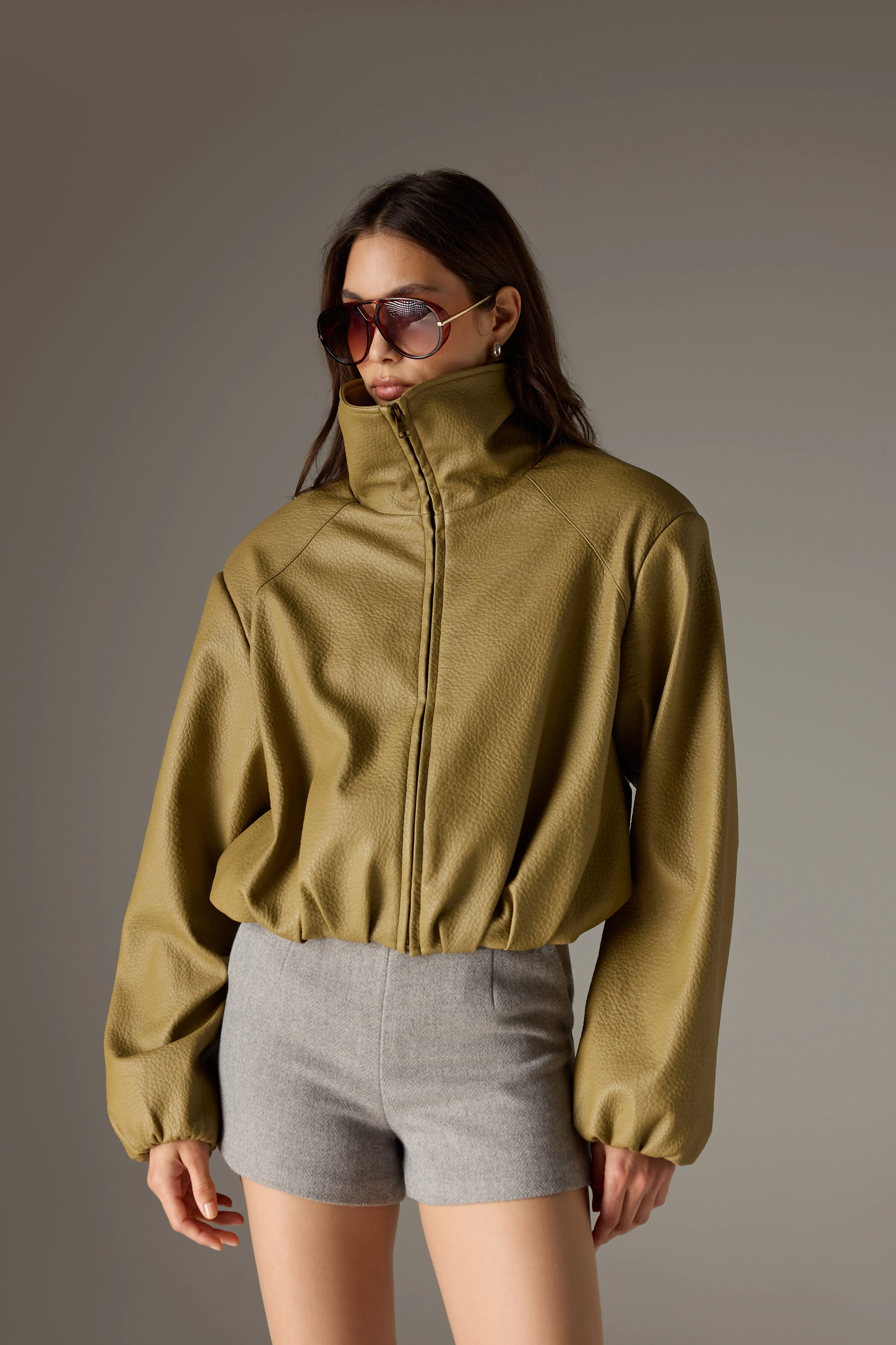 FUNNEL NECK BALLOON HEM FAUX LEATHER JACKET - OLIVE sold by The Couture Club product image thumbnail 2