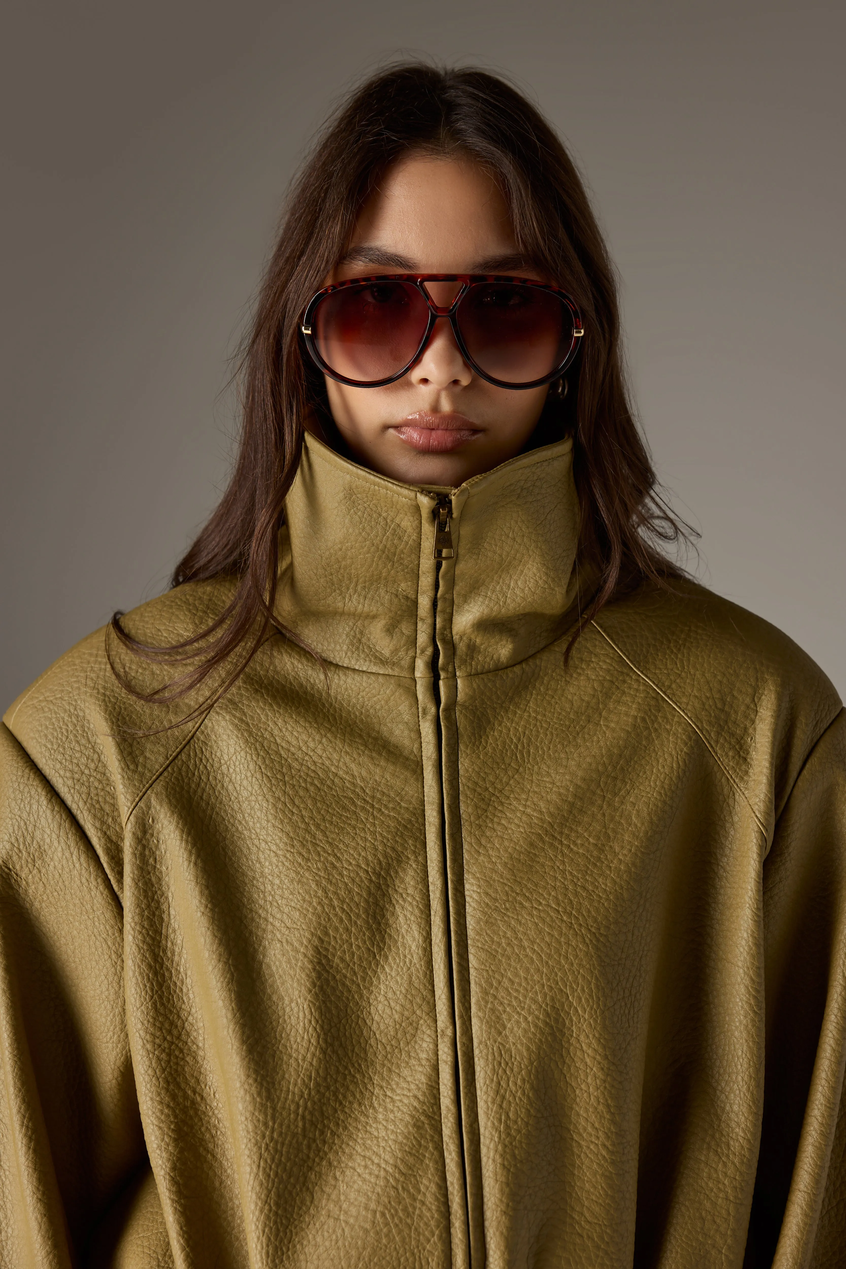 FUNNEL NECK BALLOON HEM FAUX LEATHER JACKET - OLIVE sold by The Couture Club product image thumbnail 4