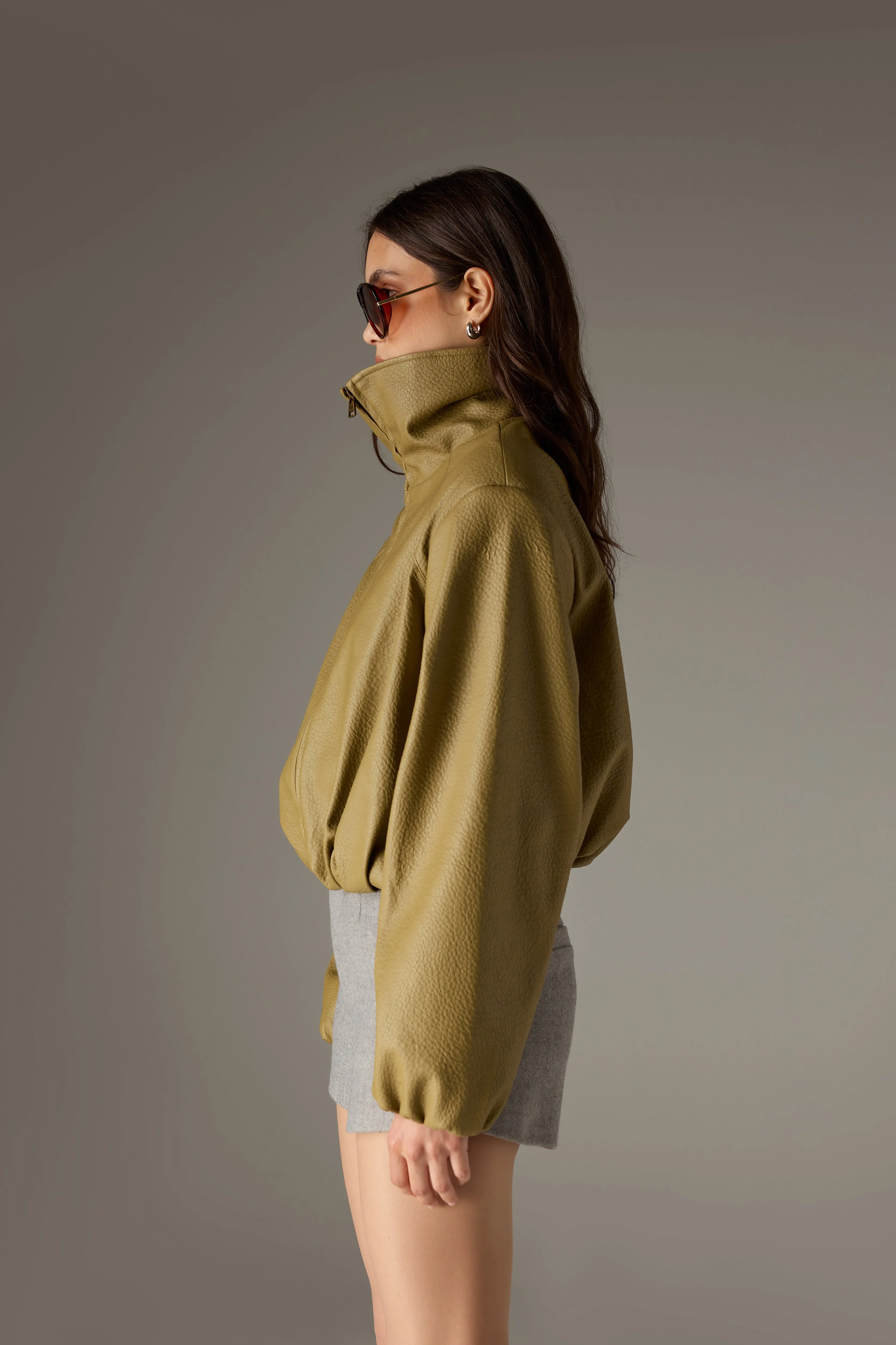 FUNNEL NECK BALLOON HEM FAUX LEATHER JACKET - OLIVE sold by The Couture Club product image thumbnail 3