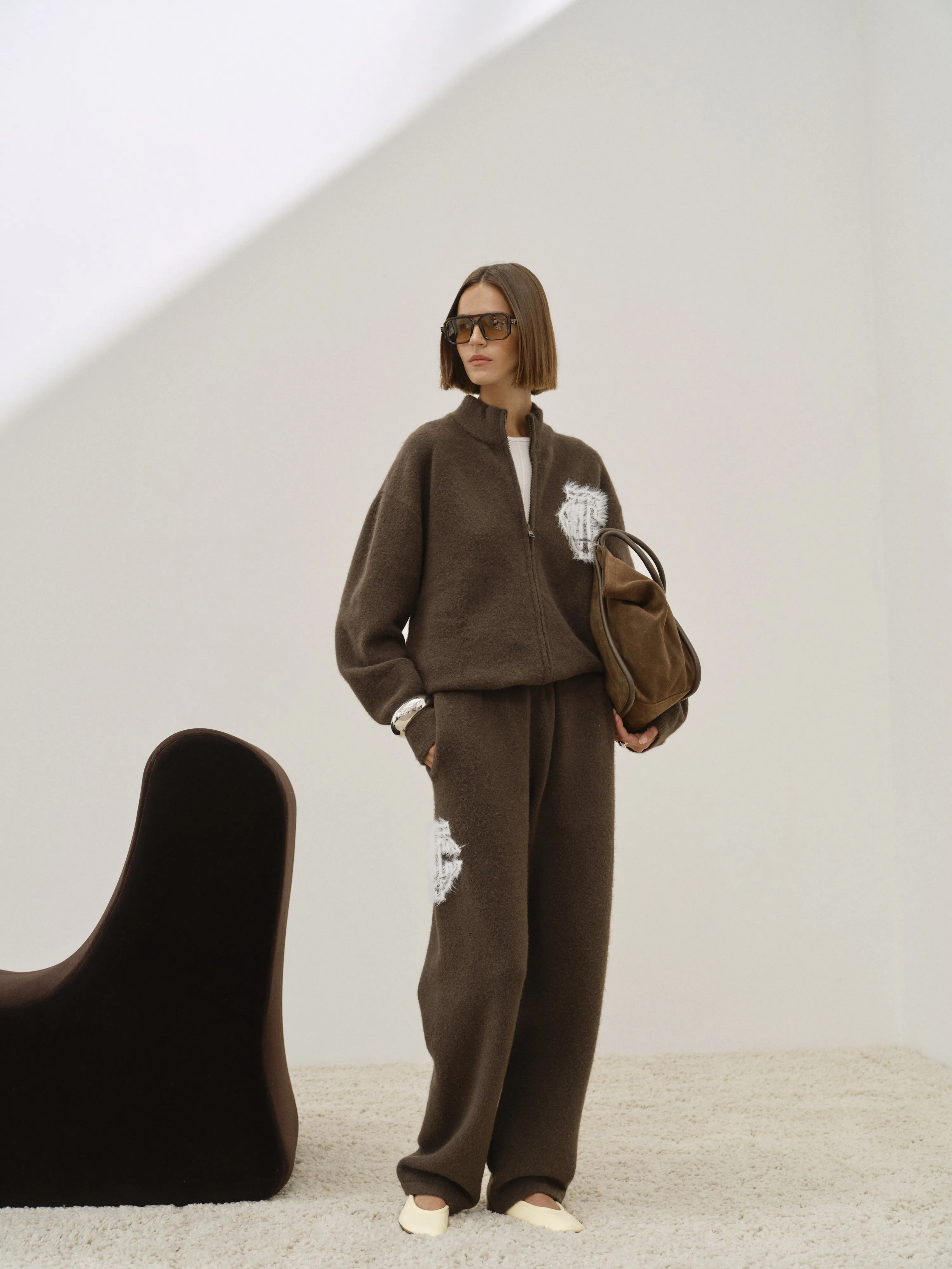 MONOGRAM FLUFFY KNIT JOGGERS - BROWN sold by The Couture Club product image thumbnail 3