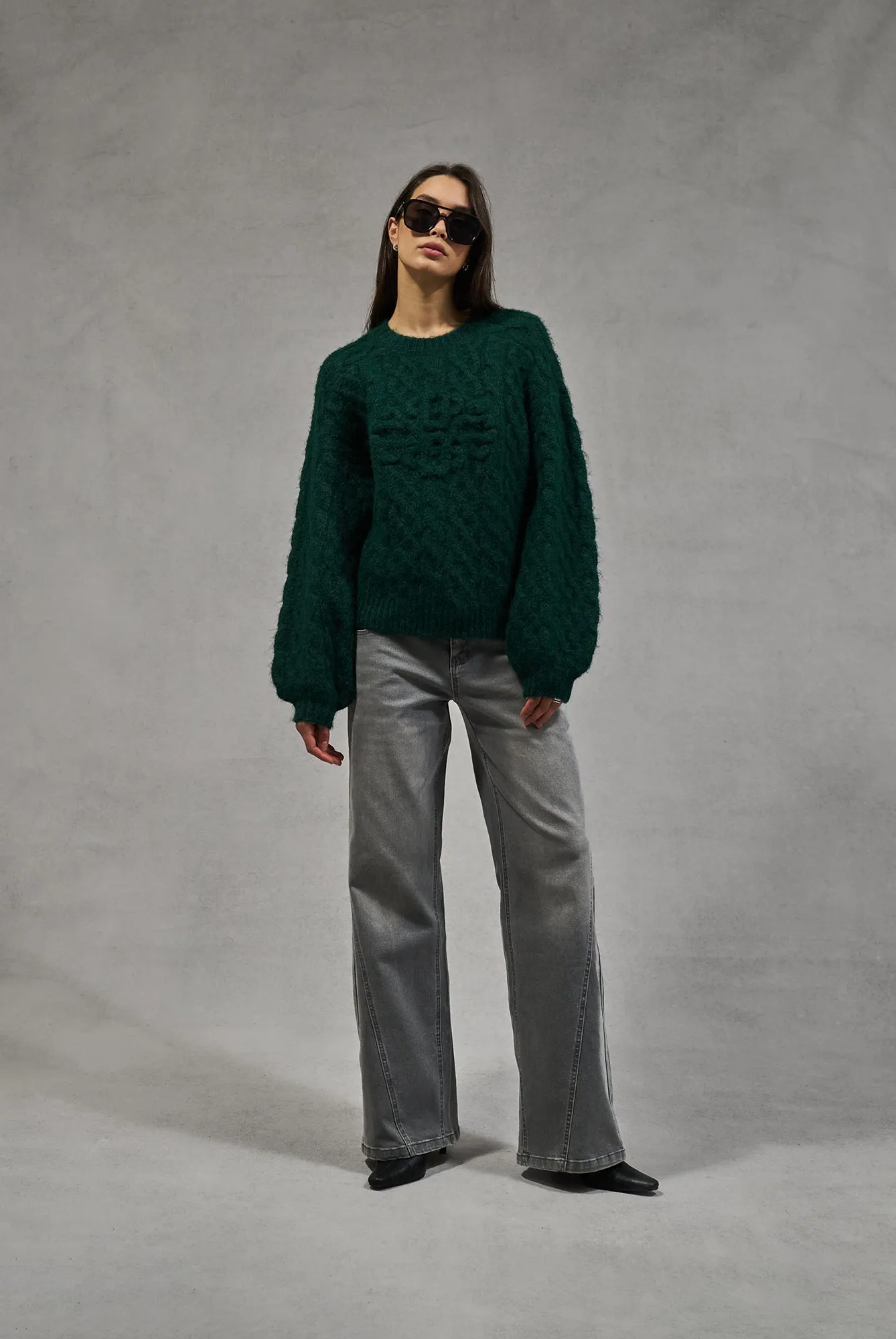 FLUFFY CABLE KNIT EMBLEM JUMPER - FOREST GREEN sold by The Couture Club product image thumbnail 3