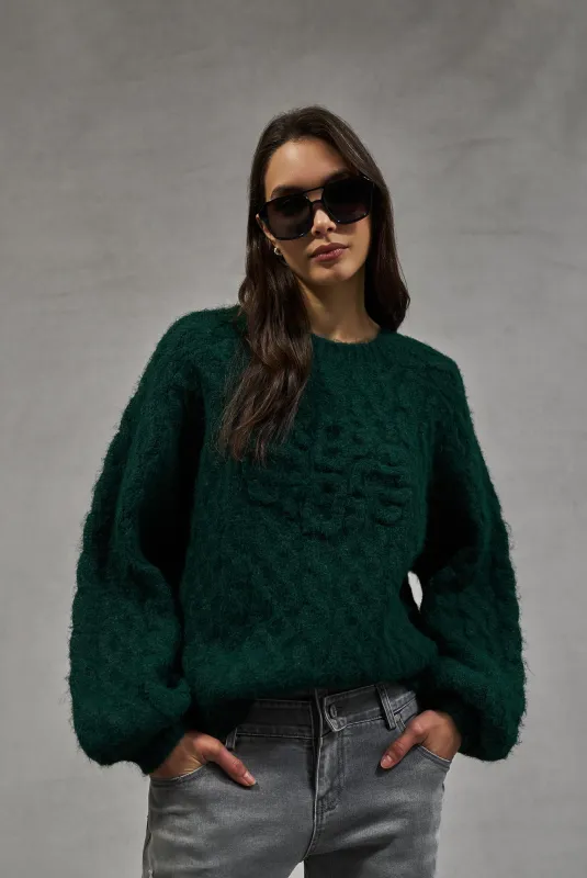 FLUFFY CABLE KNIT EMBLEM JUMPER - FOREST GREEN sold by The Couture Club