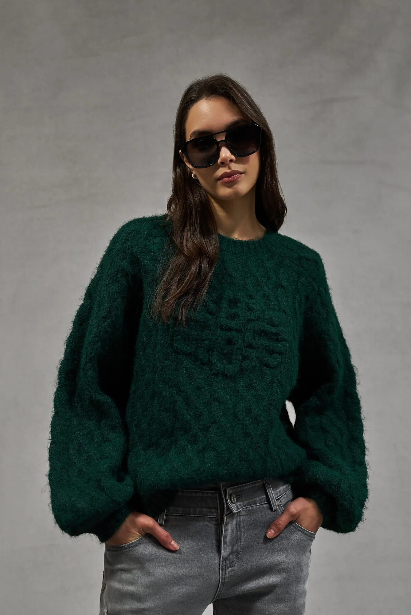 FLUFFY CABLE KNIT EMBLEM JUMPER - FOREST GREEN sold by The Couture Club
