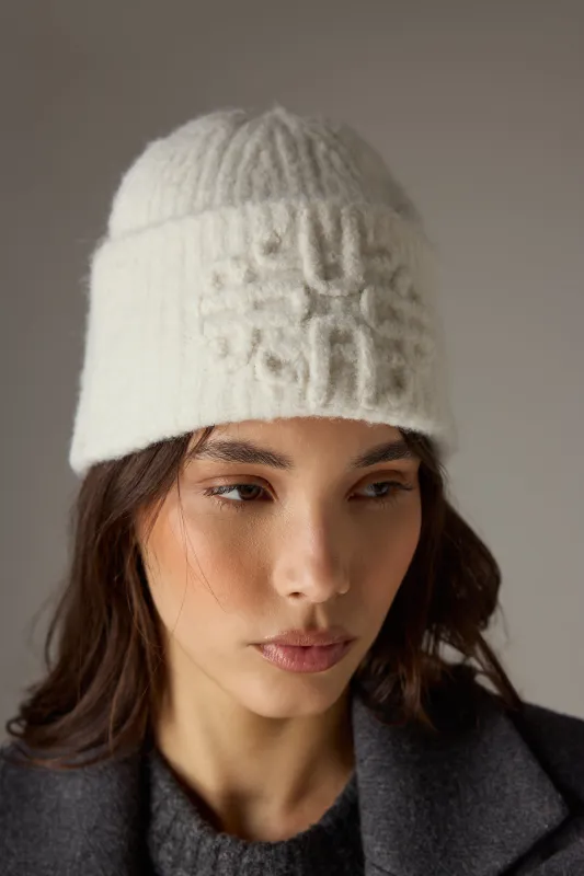 EMBLEM KNITTED BEANIE - OFF WHITE sold by The Couture Club