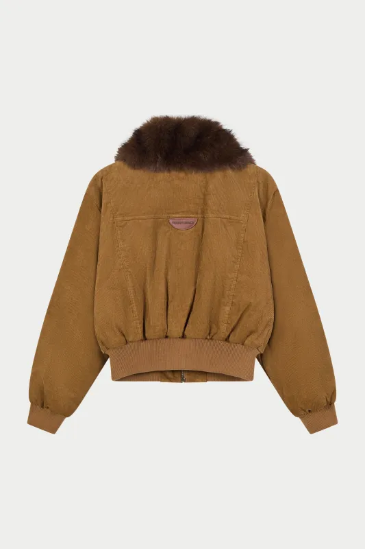 CORD FAUX FUR COLLAR BOMBER JACKET - TAN made by The Couture Club
