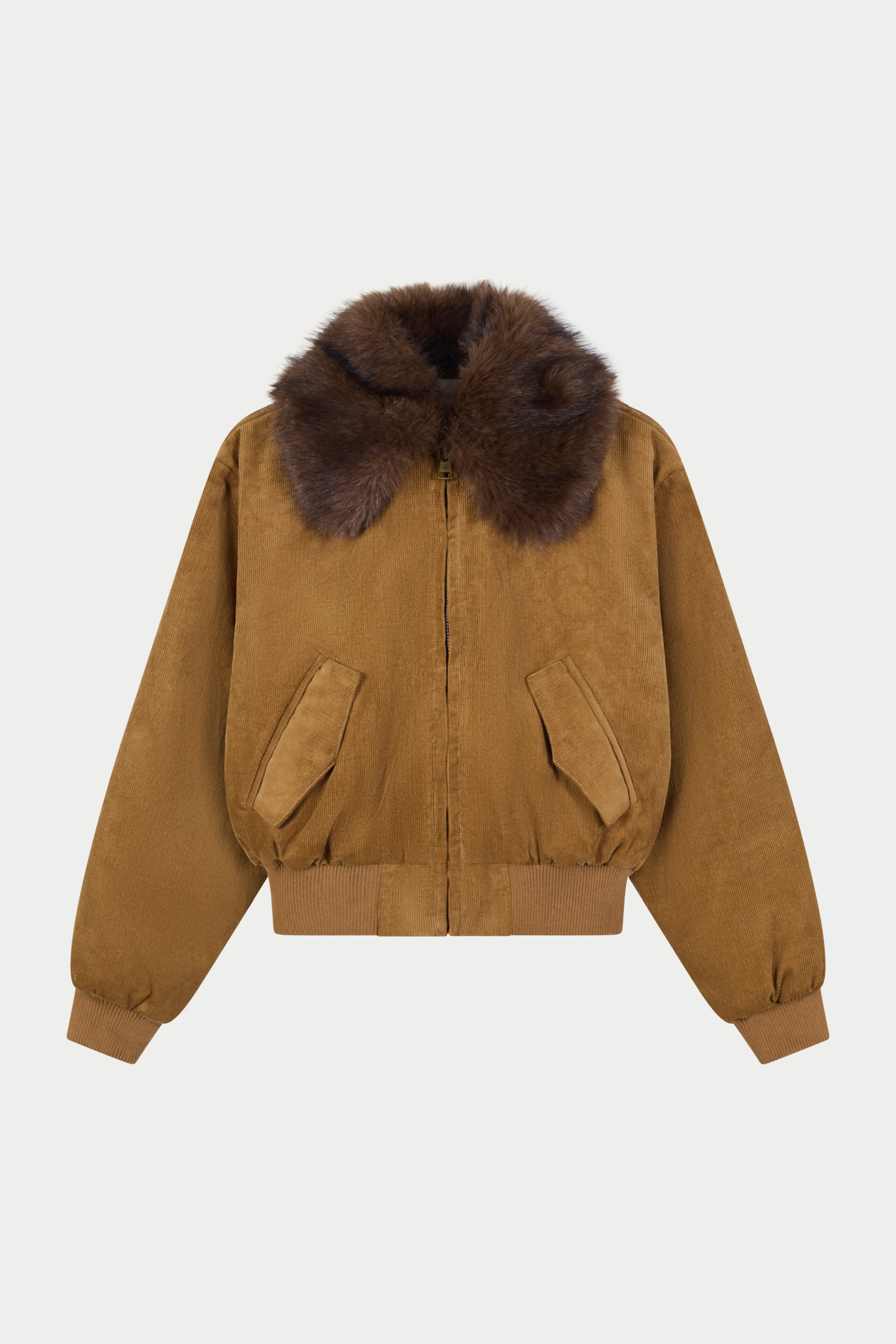 CORD FAUX FUR COLLAR BOMBER JACKET - TAN sold by The Couture Club product image thumbnail 2