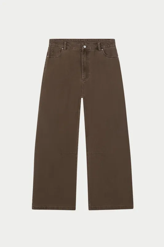WASHED TWILL BARREL LEG PANTS - BROWN sold by The Couture Club