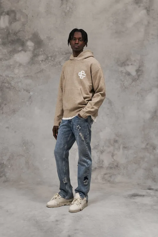 FLUFFY KNIT EMBLEM HOODIE - BEIGE sold by The Couture Club