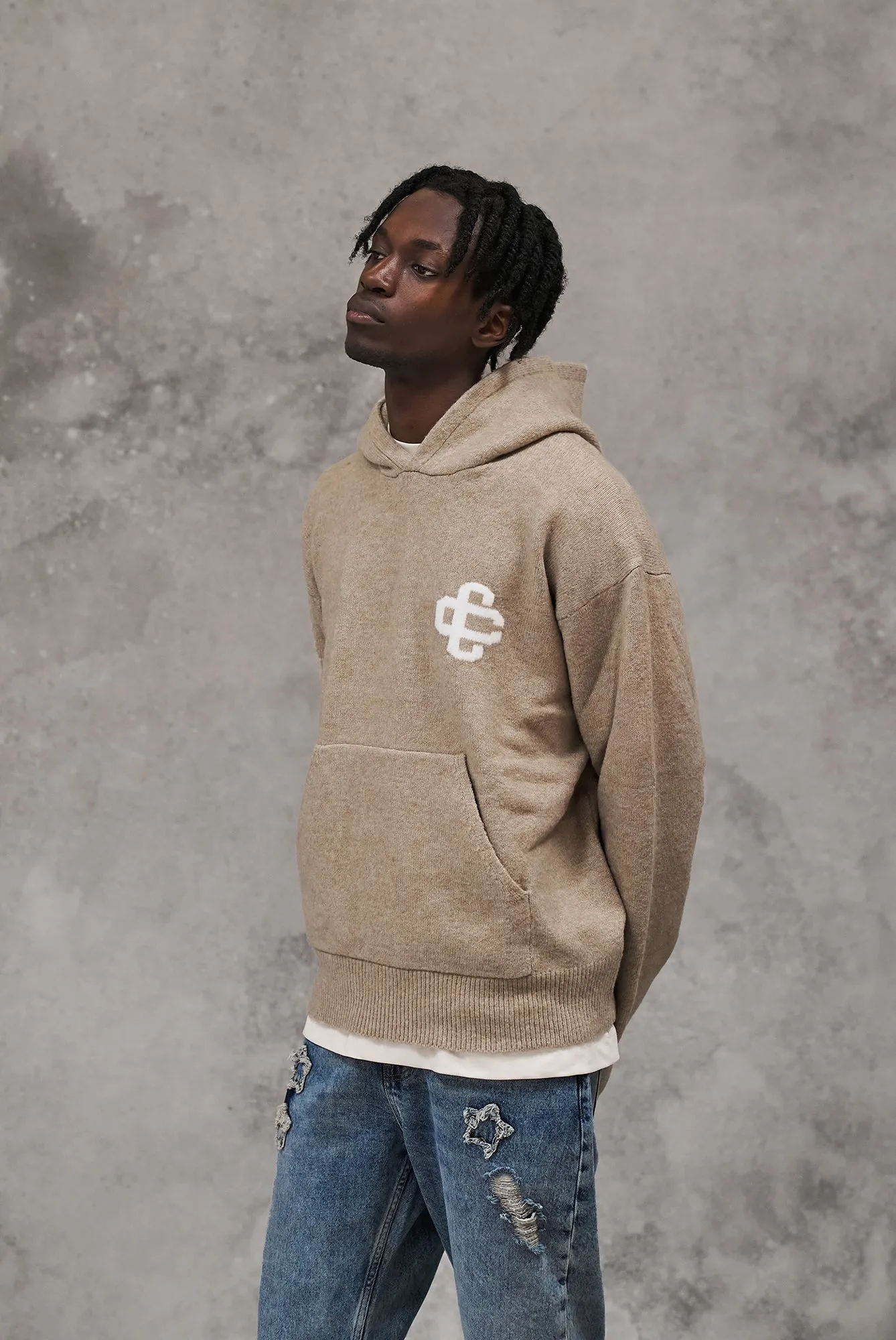 FLUFFY KNIT EMBLEM HOODIE - BEIGE sold by The Couture Club product image thumbnail 3
