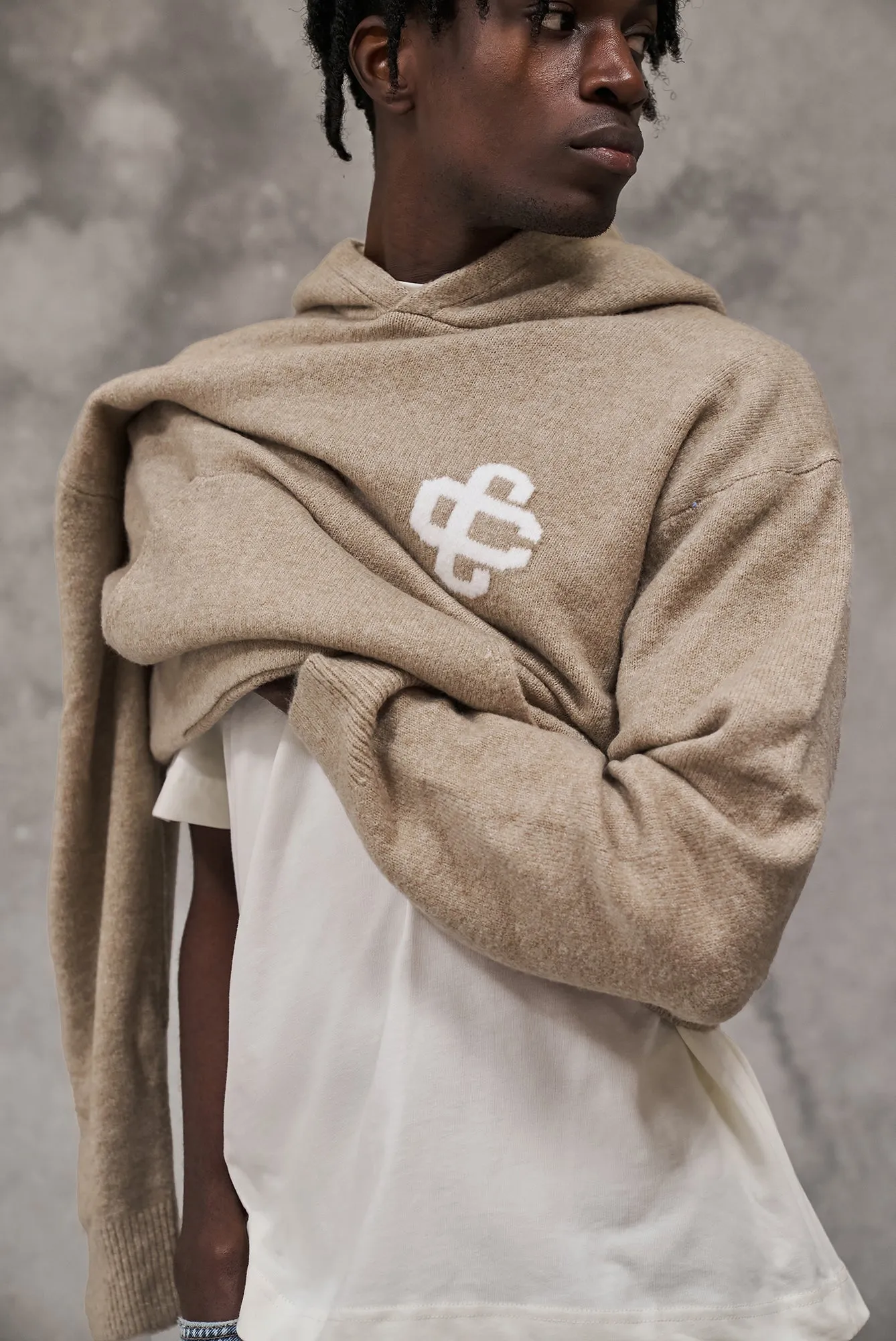 FLUFFY KNIT EMBLEM HOODIE - BEIGE sold by The Couture Club product image thumbnail 4