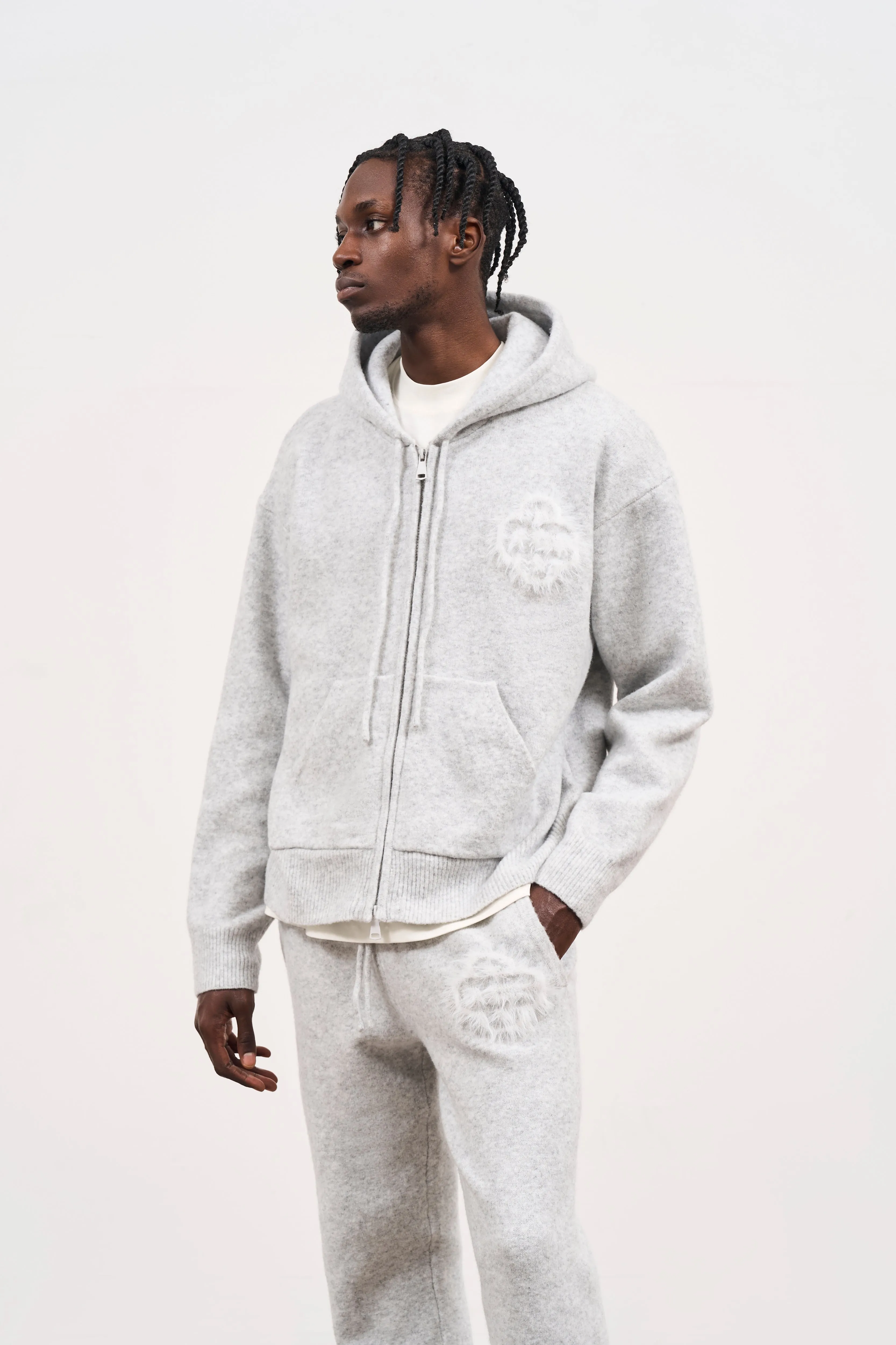 FLUFFY EMBLEM ZIP THROUGH KNITTED HOODIE - GREY MARL sold by The Couture Club product image thumbnail 5