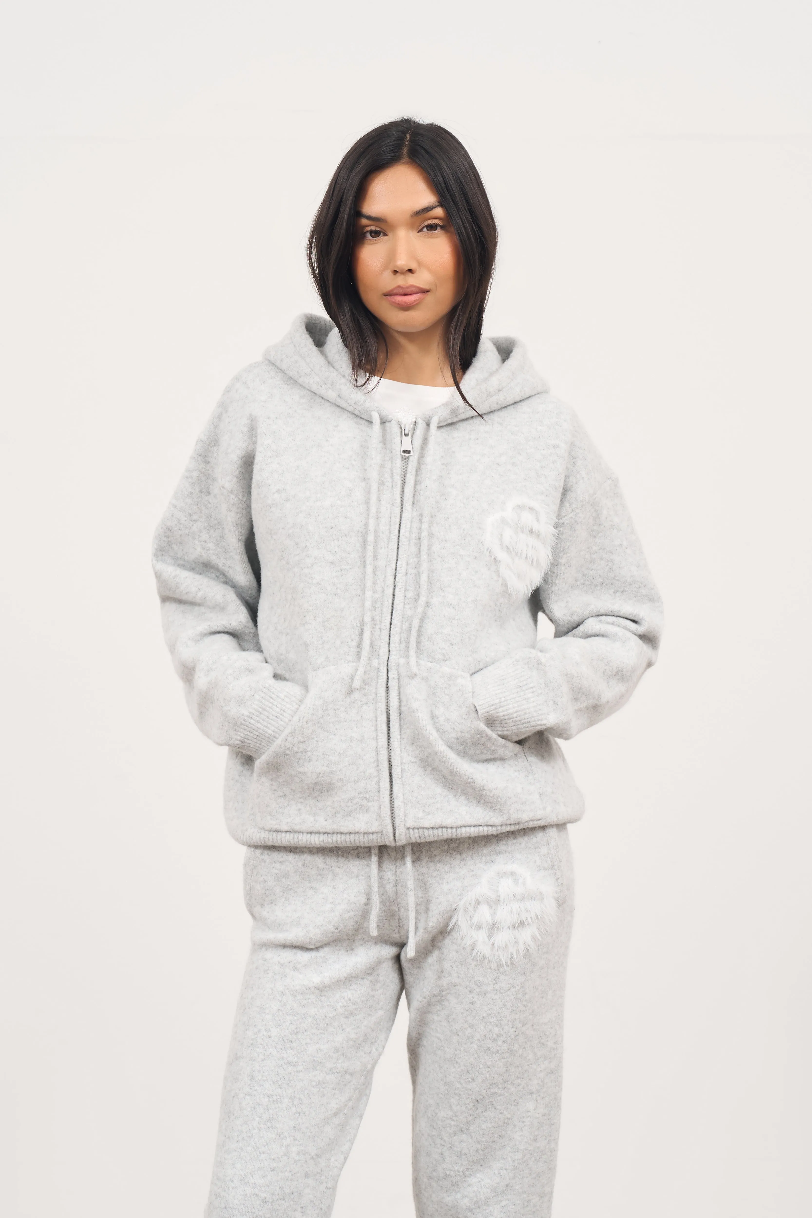 FLUFFY EMBLEM ZIP THROUGH KNITTED HOODIE - GREY MARL sold by The Couture Club product image thumbnail 3