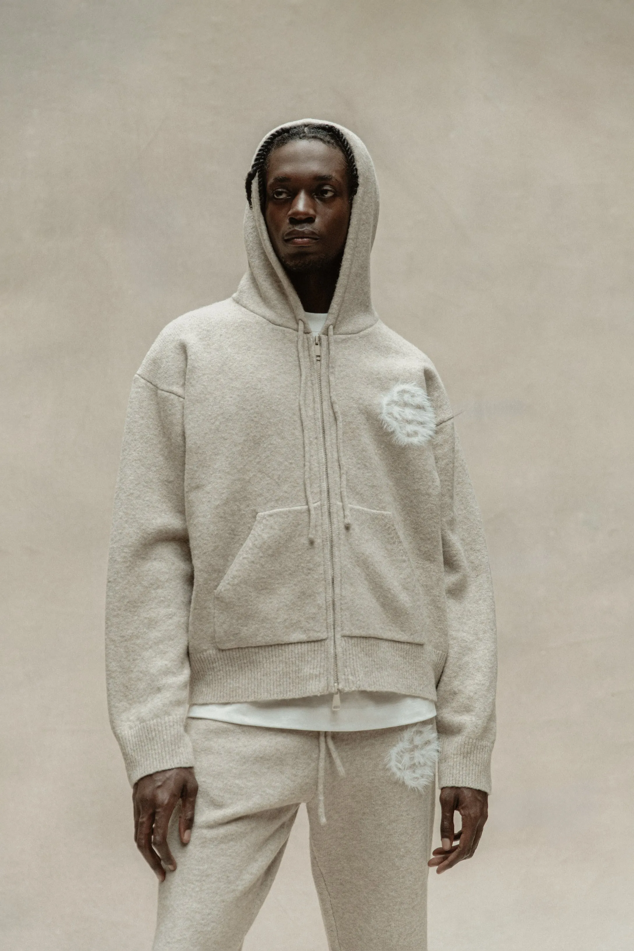 FLUFFY EMBLEM ZIP THROUGH KNITTED HOODIE - BEIGE sold by The Couture Club product image thumbnail 2