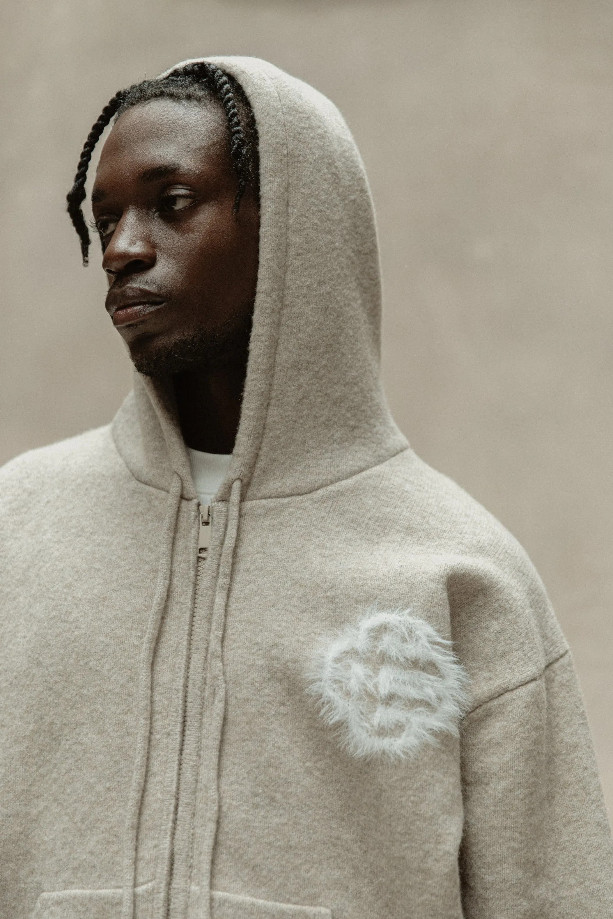 FLUFFY EMBLEM ZIP THROUGH KNITTED HOODIE - BEIGE sold by The Couture Club product image thumbnail 4