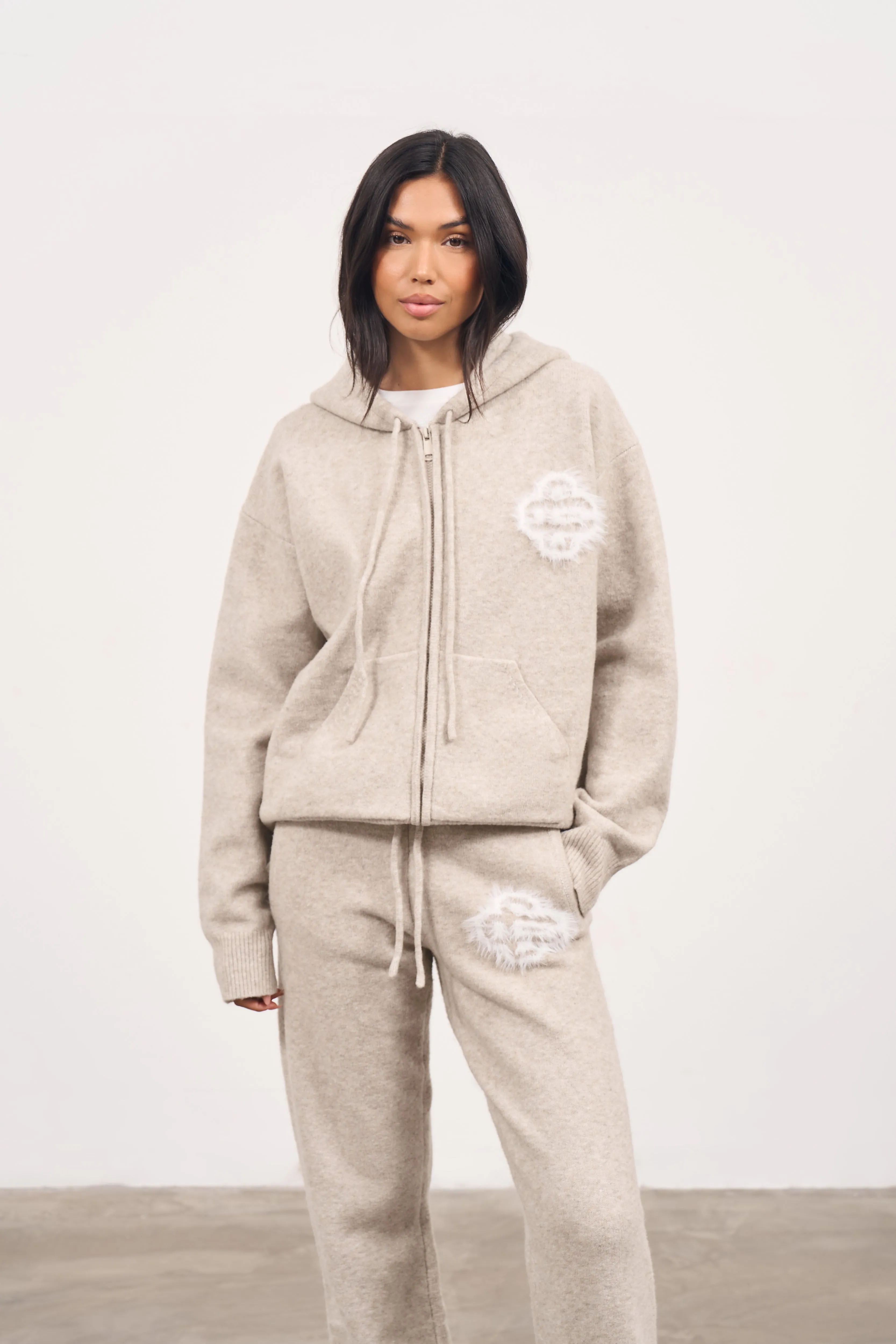 FLUFFY EMBLEM ZIP THROUGH KNITTED HOODIE - BEIGE sold by The Couture Club product image thumbnail 3