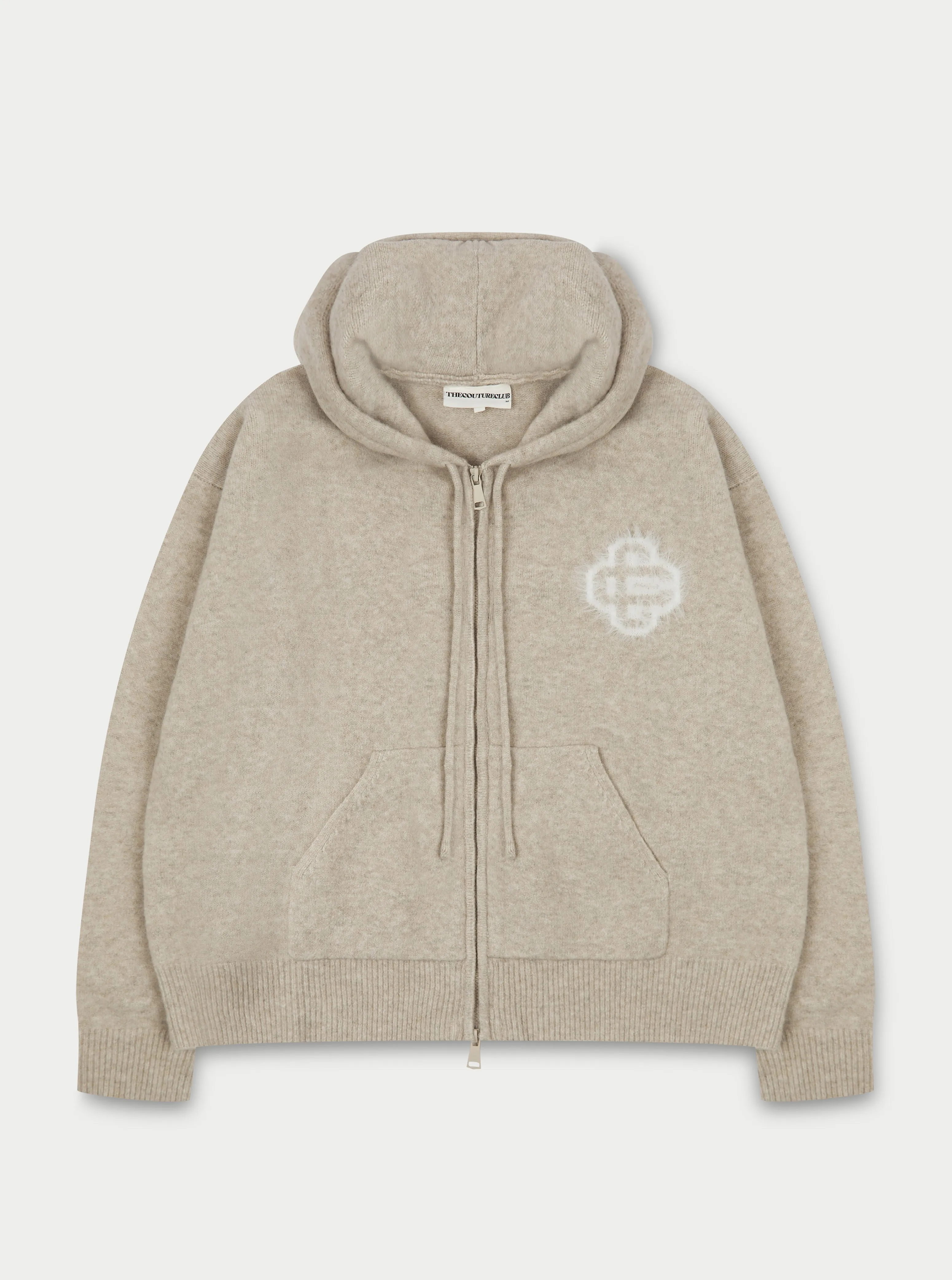 FLUFFY EMBLEM ZIP THROUGH KNITTED HOODIE - BEIGE sold by The Couture Club