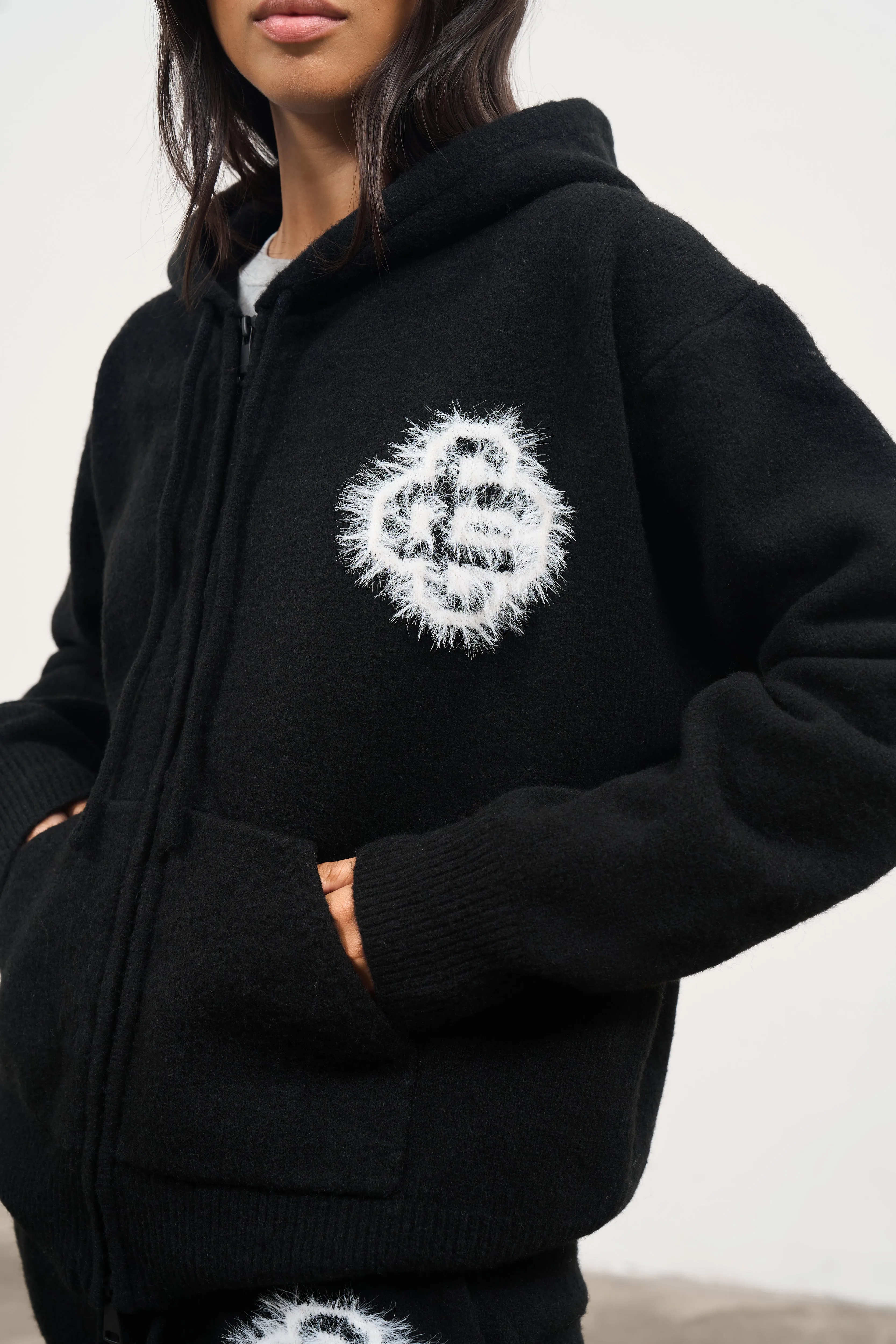 FLUFFY EMBLEM ZIP THROUGH KNITTED HOODIE - BLACK sold by The Couture Club product image thumbnail 4