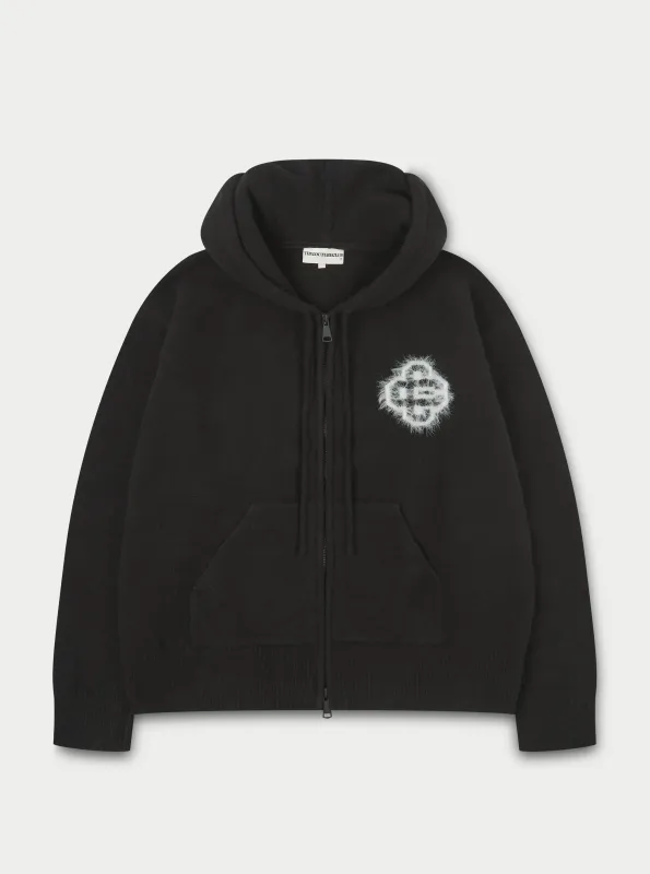FLUFFY EMBLEM ZIP THROUGH KNITTED HOODIE - BLACK sold by The Couture Club
