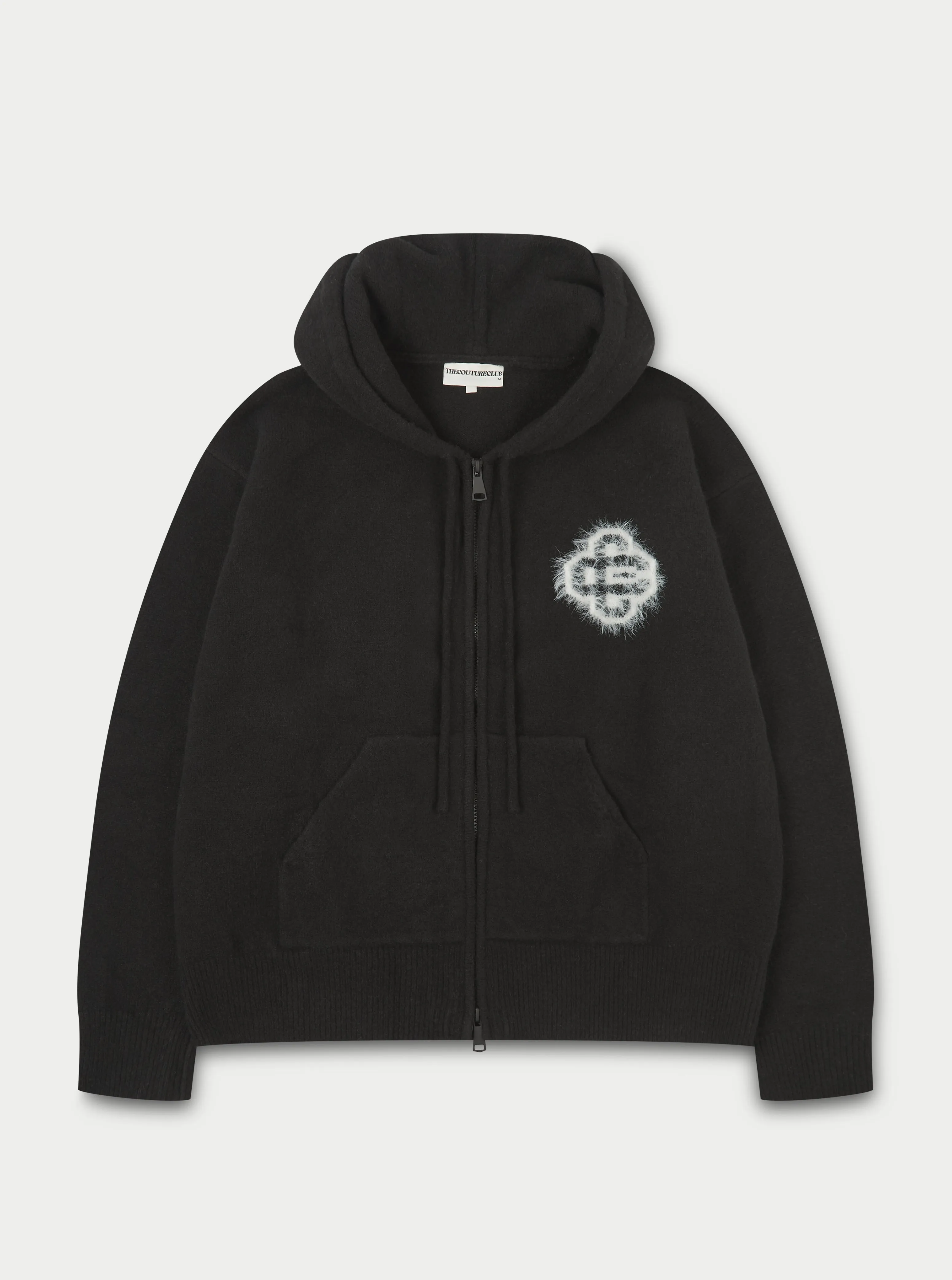 FLUFFY EMBLEM ZIP THROUGH KNITTED HOODIE - BLACK sold by The Couture Club