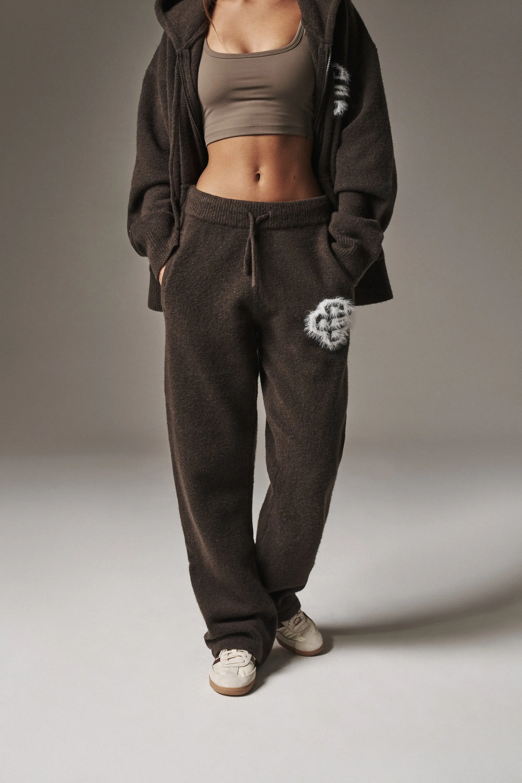 FLUFFY EMBLEM KNITTED JOGGERS - BROWN sold by The Couture Club product image thumbnail 3
